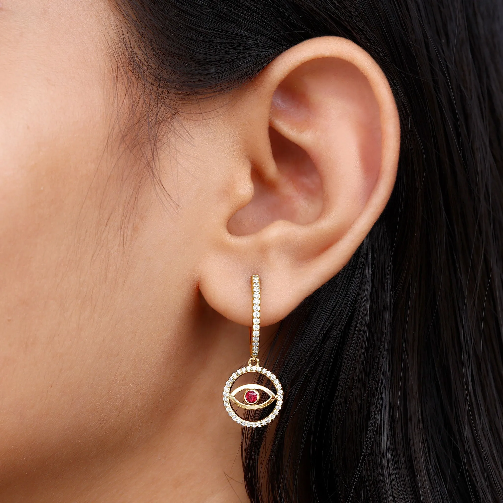 3/4 CT Created Ruby and Moissanite Evil Eye Hoop Drop Earrings
