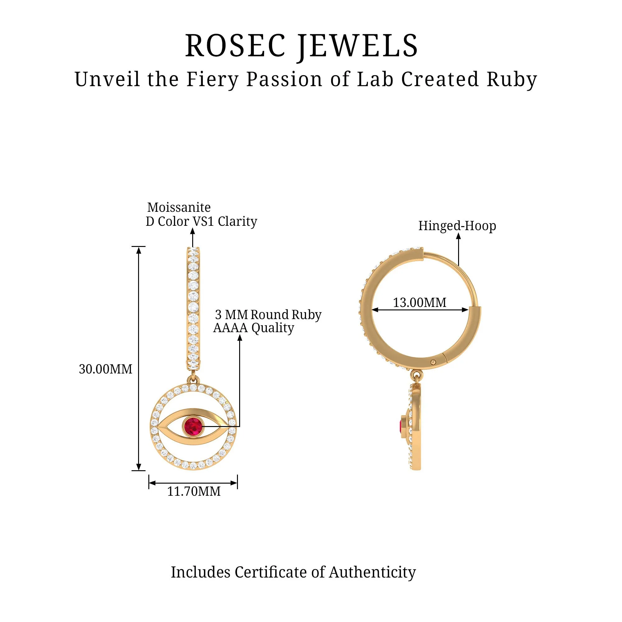 3/4 CT Created Ruby and Moissanite Evil Eye Hoop Drop Earrings