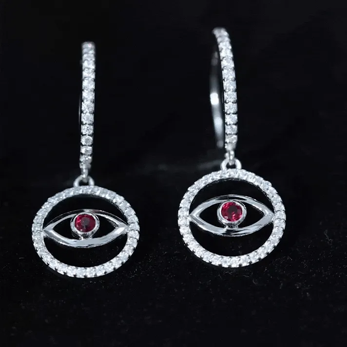 3/4 CT Created Ruby and Moissanite Evil Eye Hoop Drop Earrings