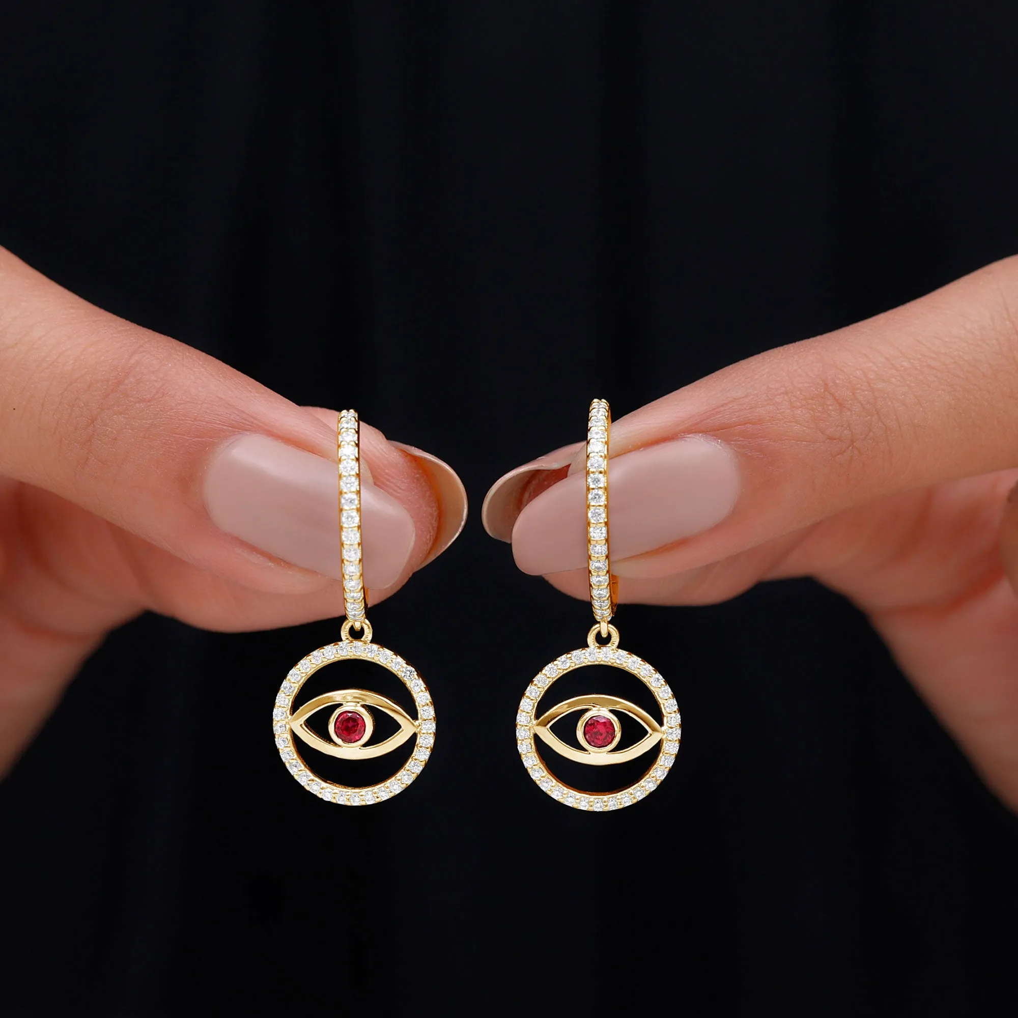3/4 CT Created Ruby and Moissanite Evil Eye Hoop Drop Earrings