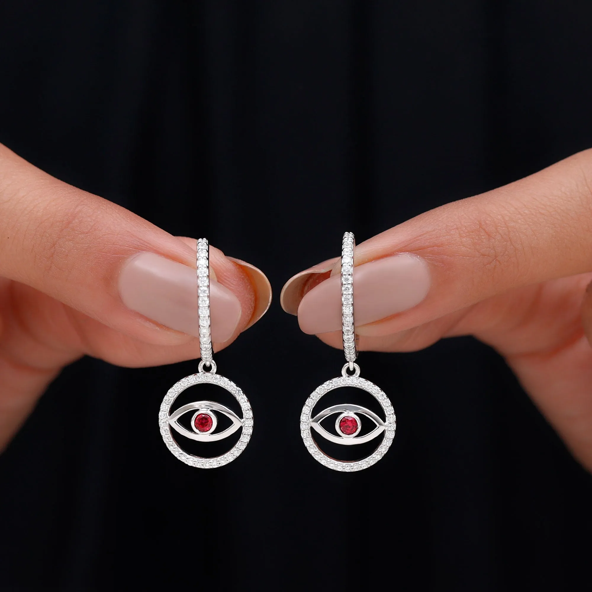 3/4 CT Created Ruby and Moissanite Evil Eye Hoop Drop Earrings
