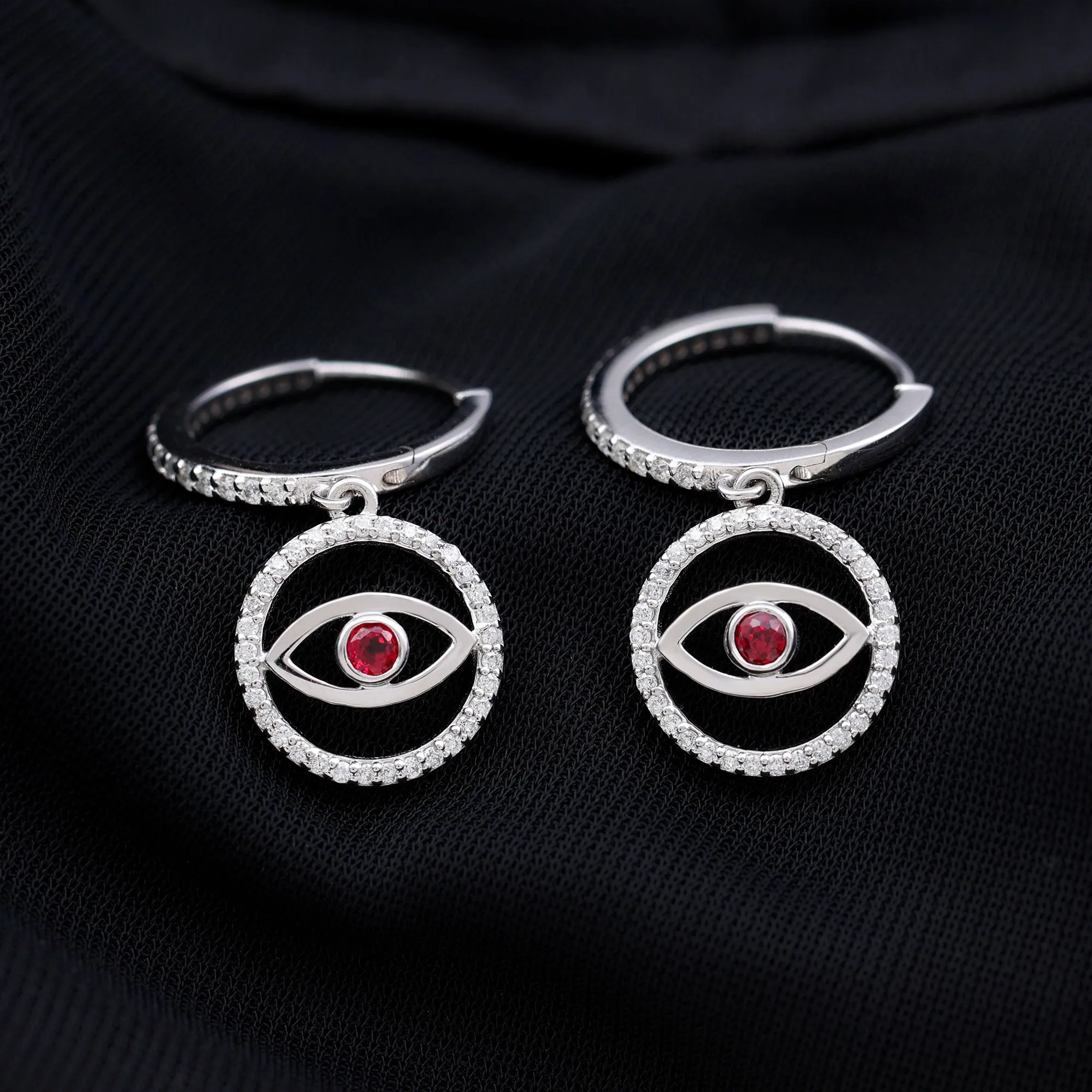3/4 CT Created Ruby and Moissanite Evil Eye Hoop Drop Earrings
