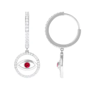 3/4 CT Created Ruby and Moissanite Evil Eye Hoop Drop Earrings