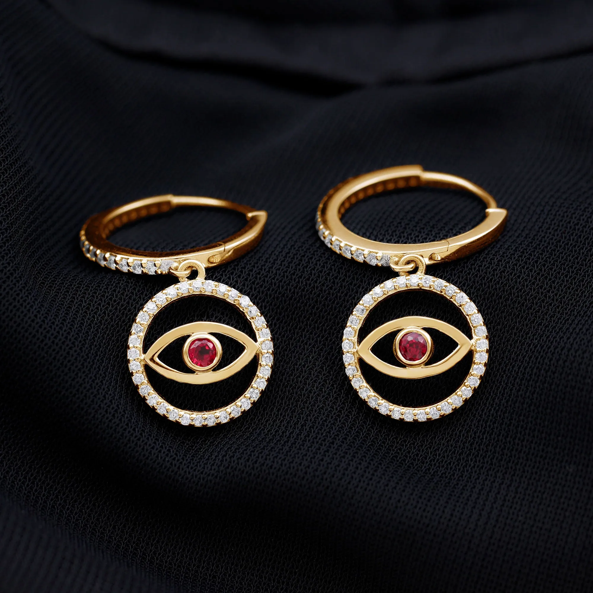 3/4 CT Created Ruby and Moissanite Evil Eye Hoop Drop Earrings