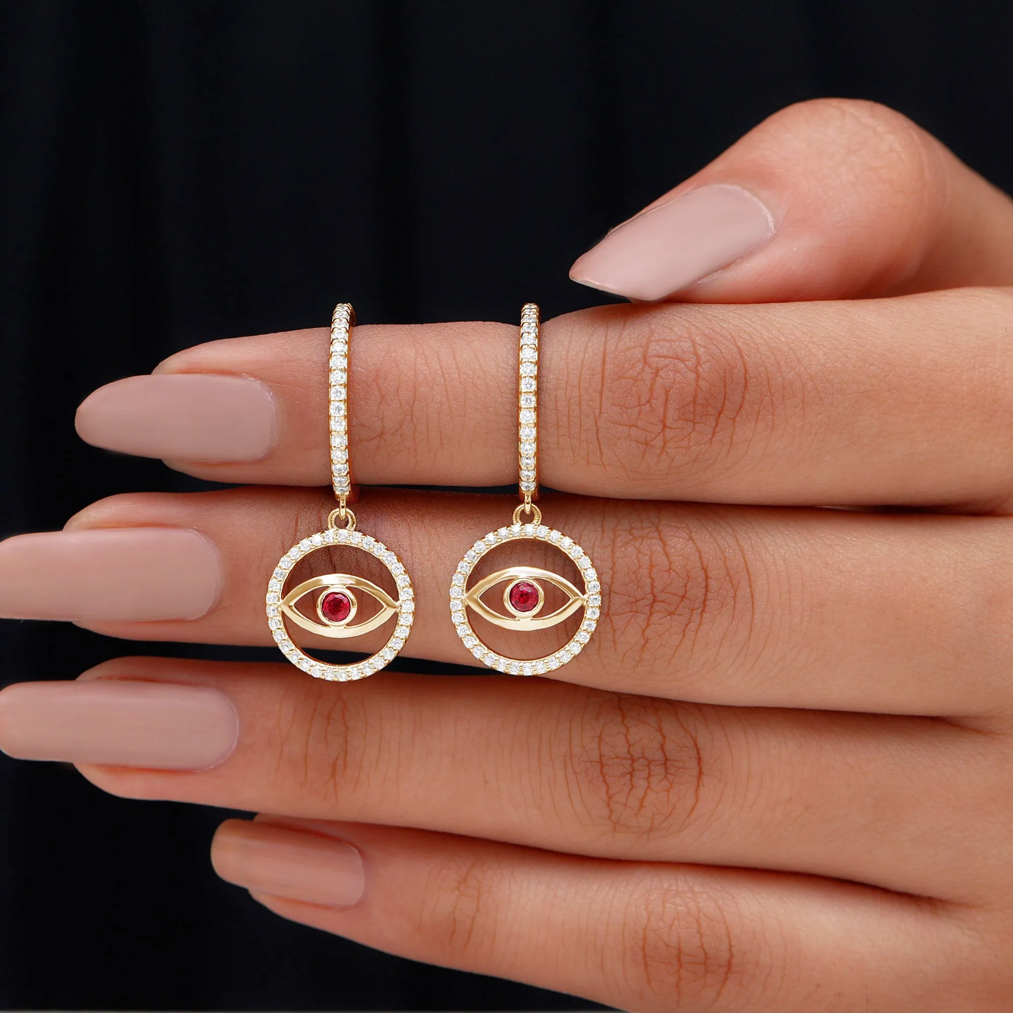 3/4 CT Created Ruby and Moissanite Evil Eye Hoop Drop Earrings