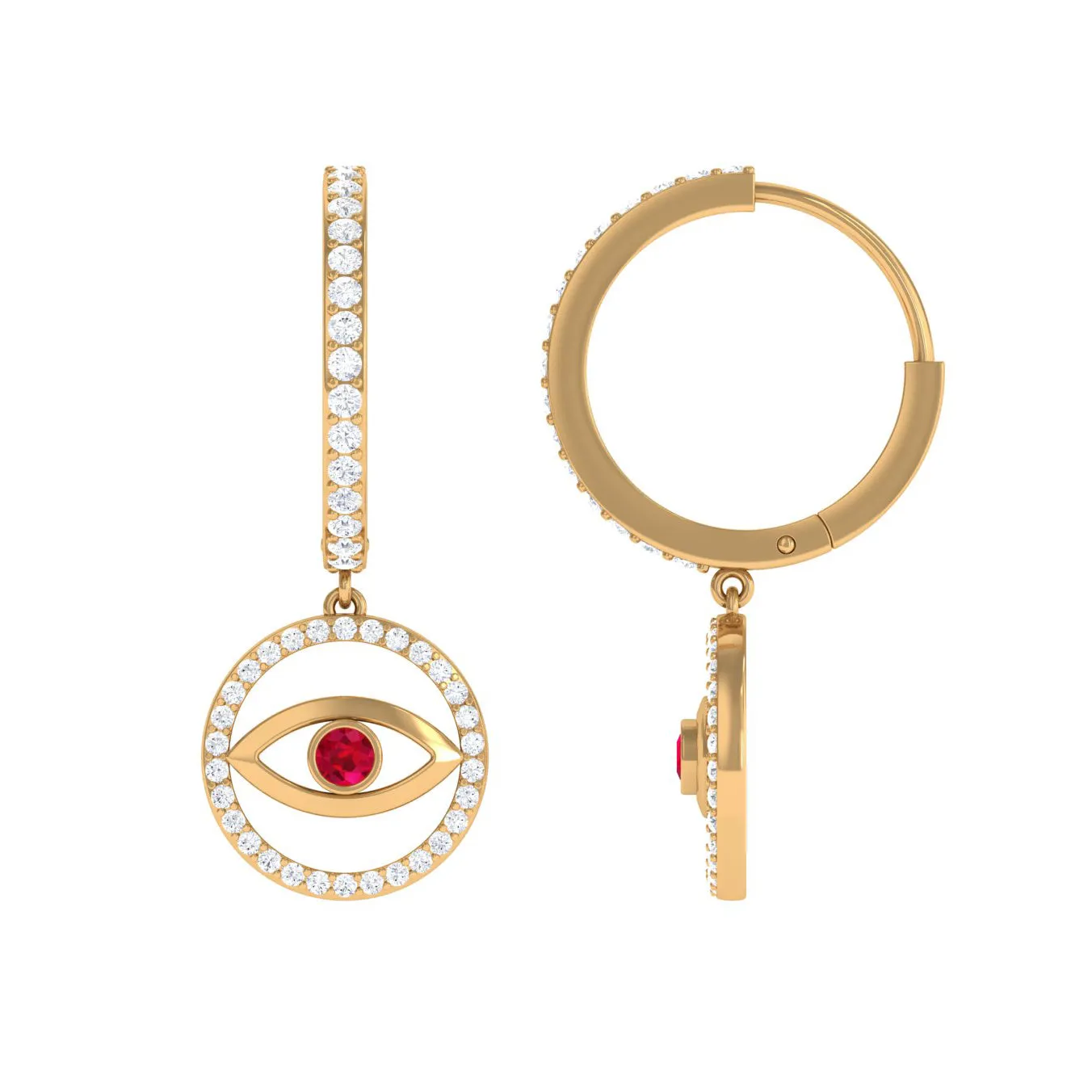 3/4 CT Created Ruby and Moissanite Evil Eye Hoop Drop Earrings