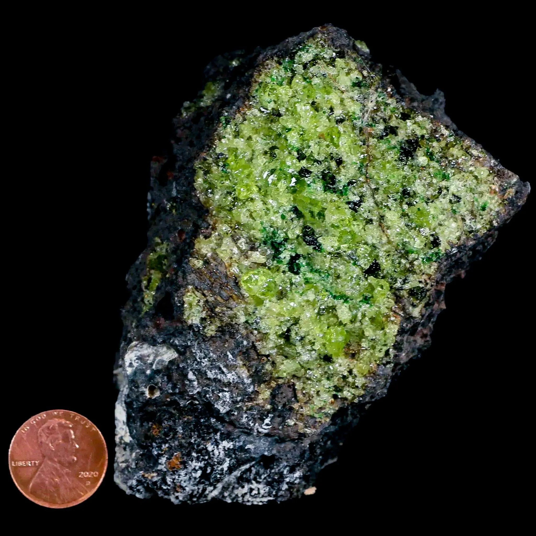 3.7" Emerald Peridot Crystals, Chrome Diopside And Spinel On Volcanic Rock Gila, AZ