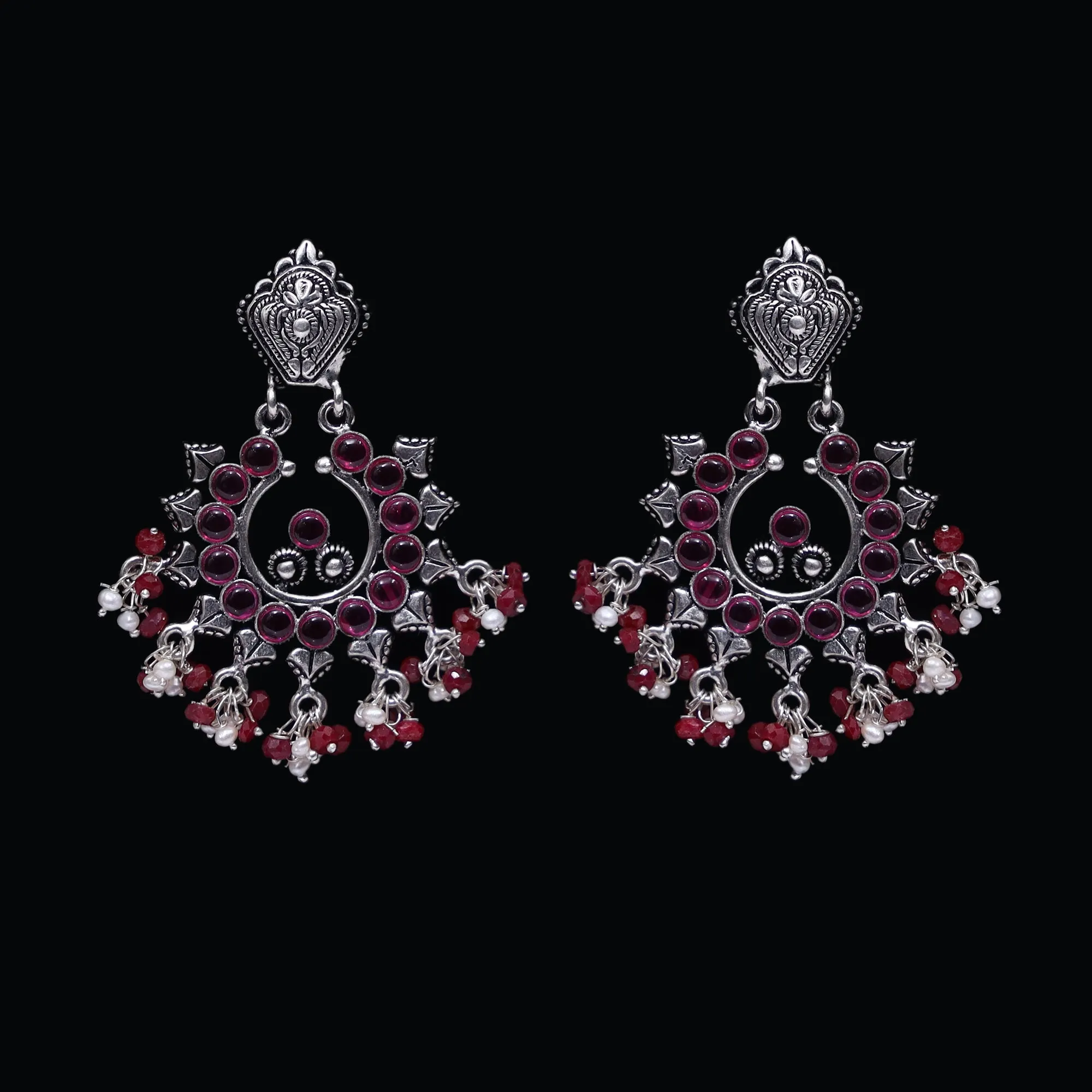 925 Silver Handmade Earring with Ruby Color and Fresh Water Pearl Hanging