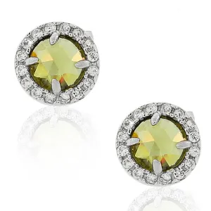 925 Sterling Silver Green White Round CZ Stud Girls Earrings