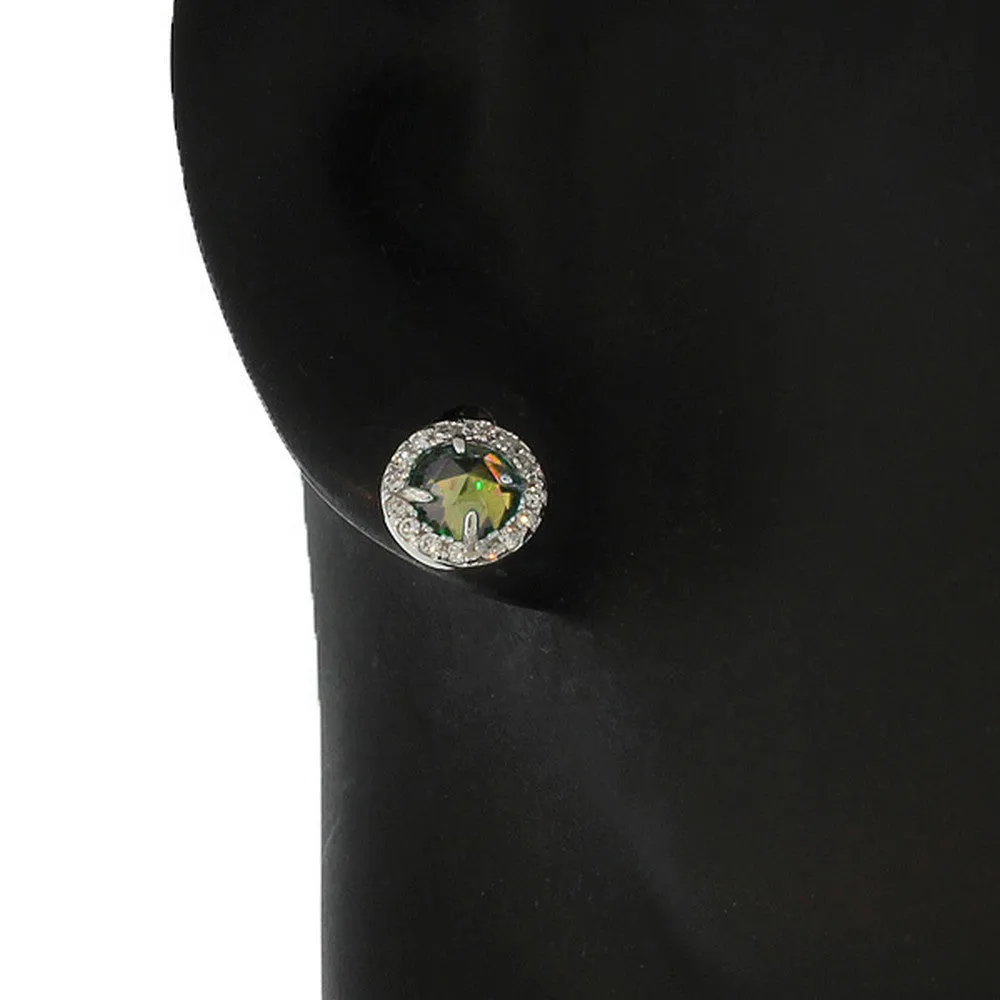 925 Sterling Silver Green White Round CZ Stud Girls Earrings