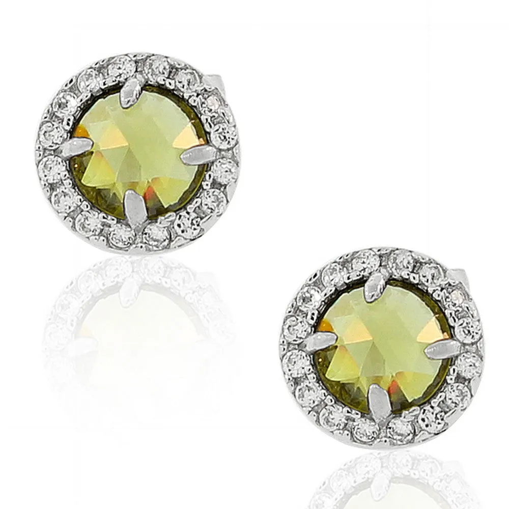 925 Sterling Silver Green White Round CZ Stud Girls Earrings
