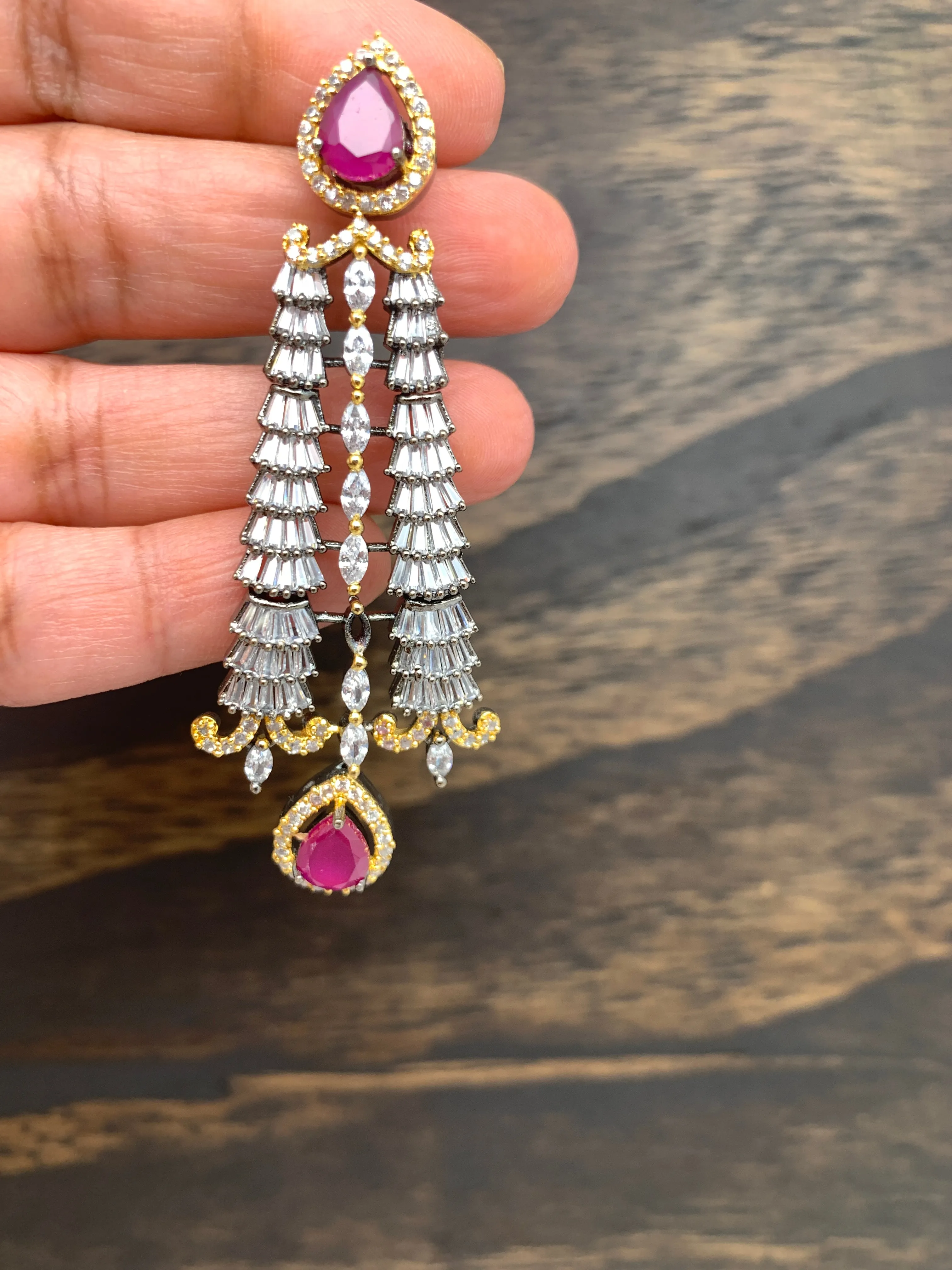 AD Earrings with Pink Stone in Victorian Polish