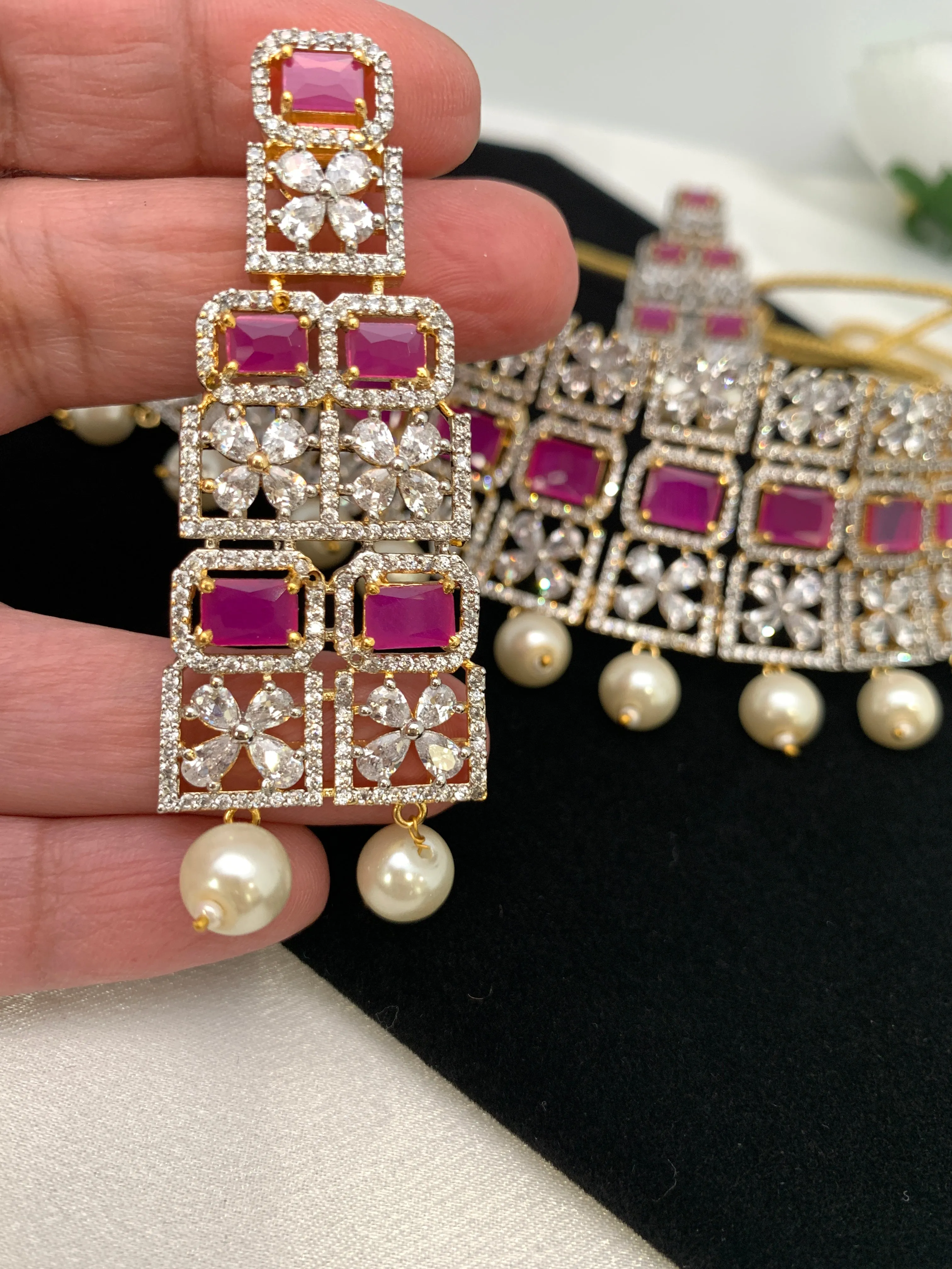 American Diamond Ruby Red Stone Choker