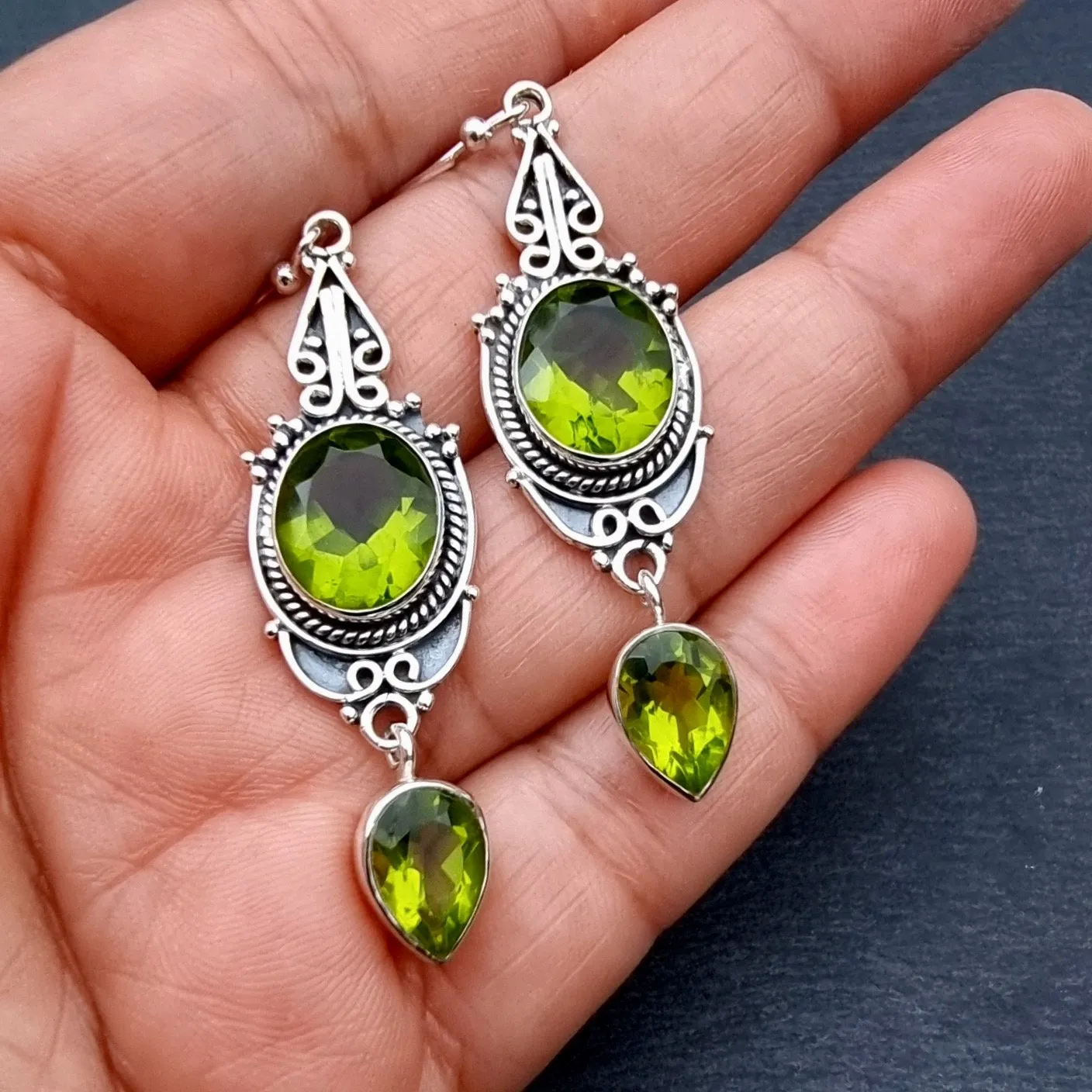 Boho Peridot Long 925 Sterling Silver Earrings, E38P