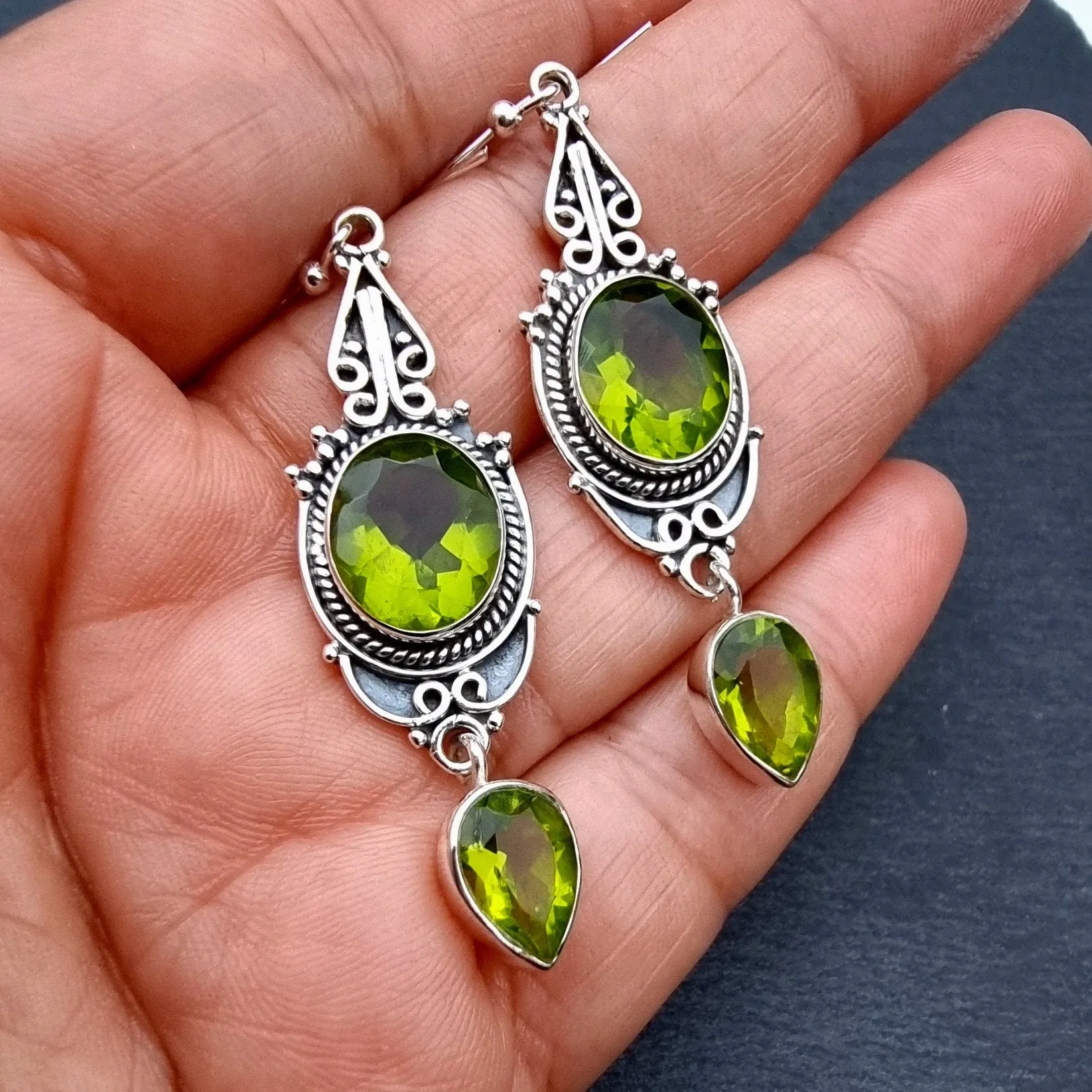 Boho Peridot Long 925 Sterling Silver Earrings, E38P
