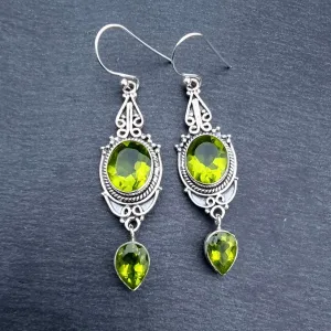 Boho Peridot Long 925 Sterling Silver Earrings, E38P