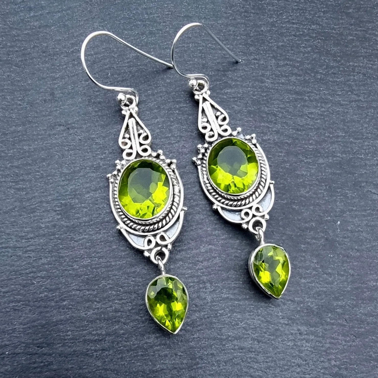 Boho Peridot Long 925 Sterling Silver Earrings, E38P