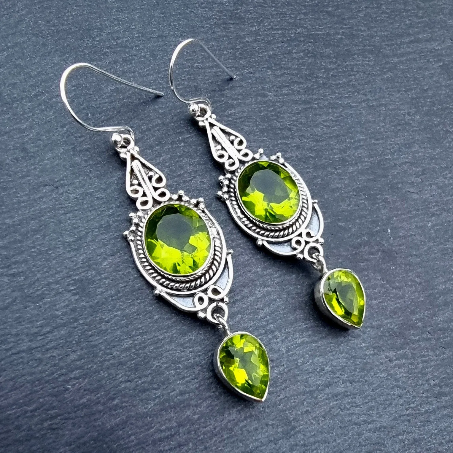 Boho Peridot Long 925 Sterling Silver Earrings, E38P