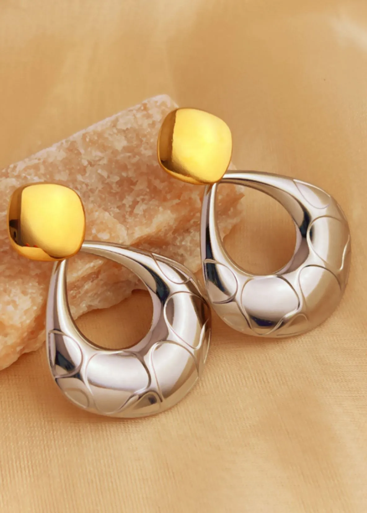 Colorblock Gold Silver Open Teardrop Earrings