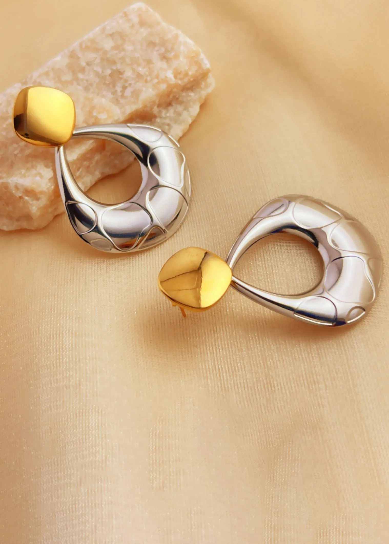 Colorblock Gold Silver Open Teardrop Earrings