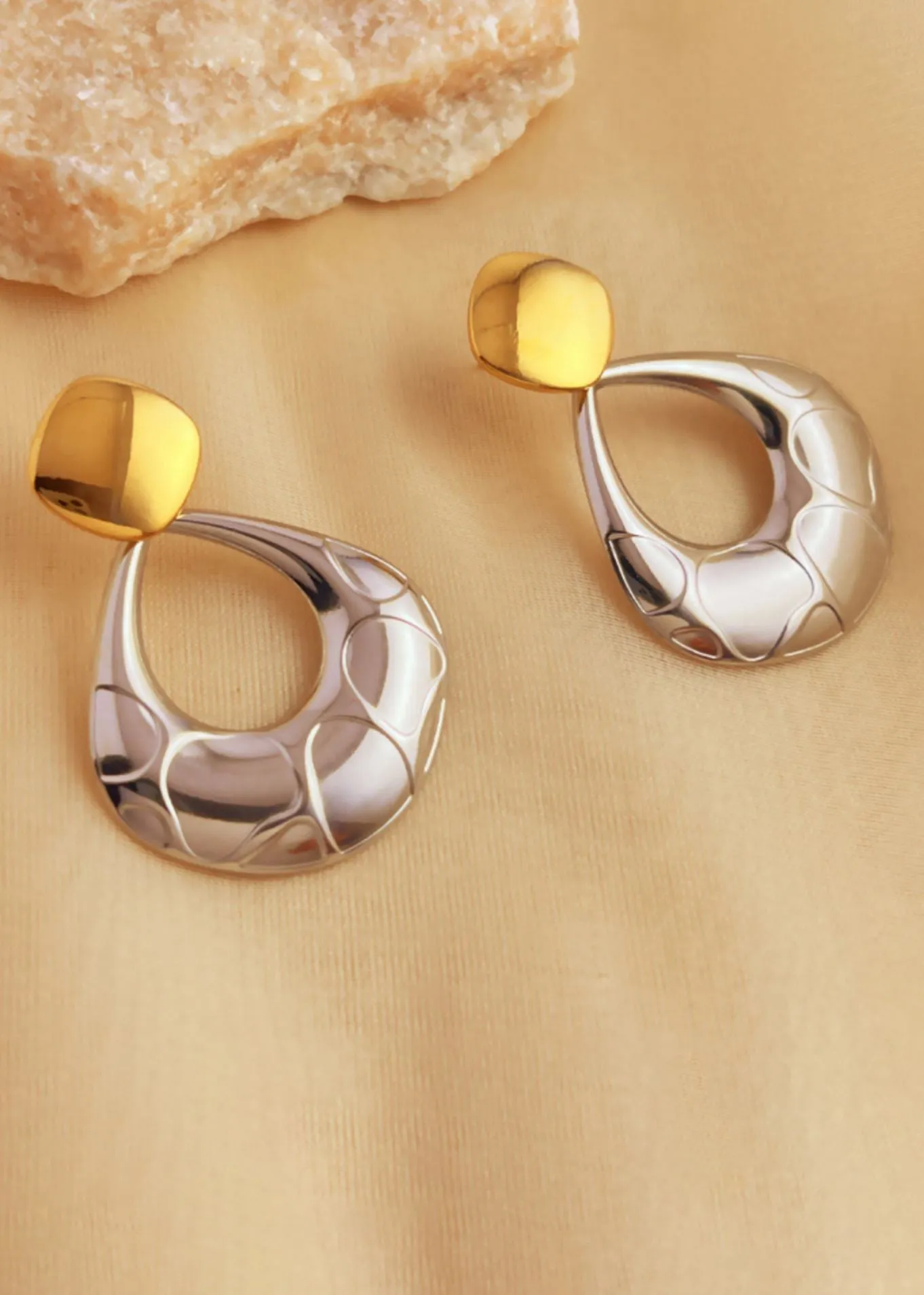 Colorblock Gold Silver Open Teardrop Earrings