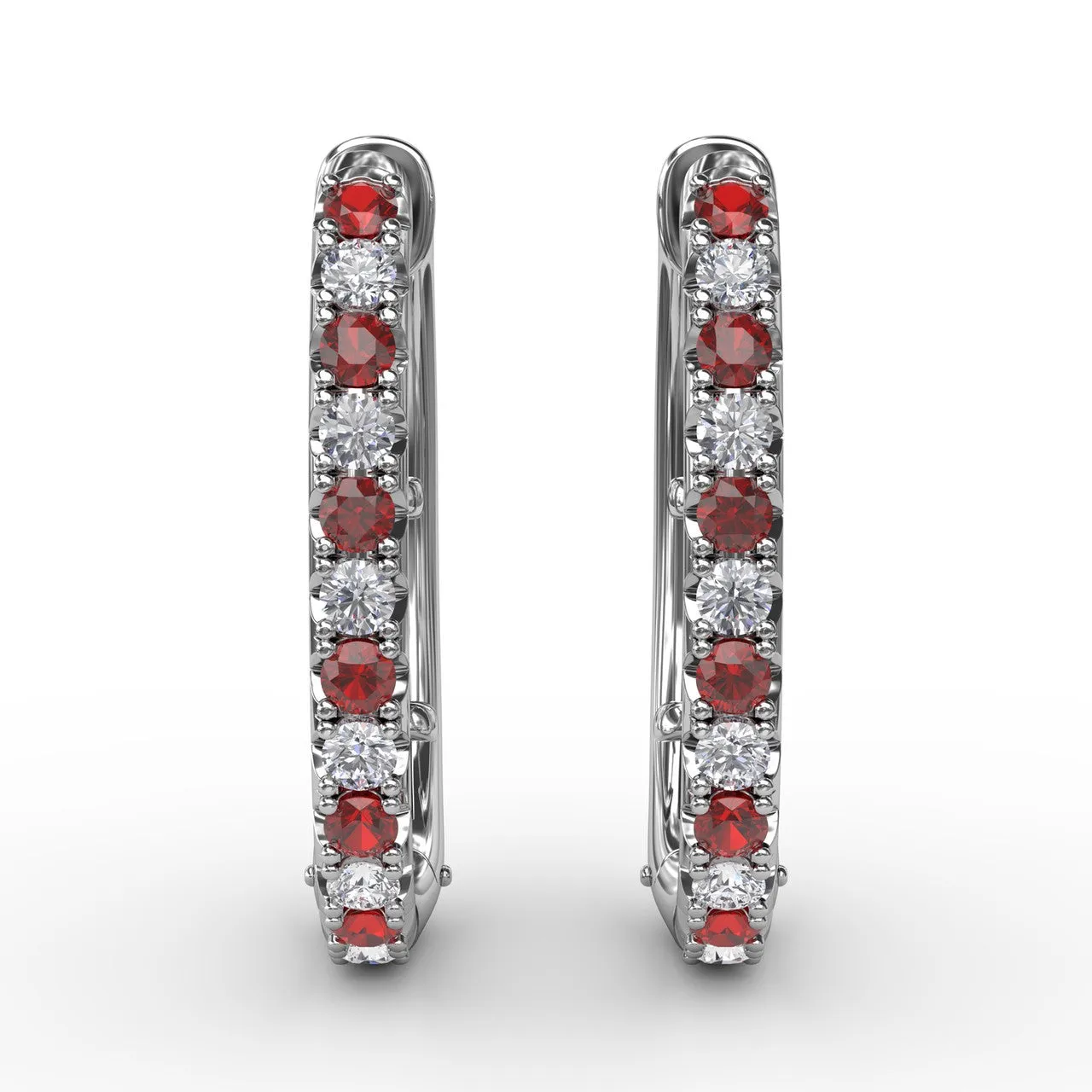 Fana 14k White Gold Alternaing Ruby and Diamond Hoop Earrings