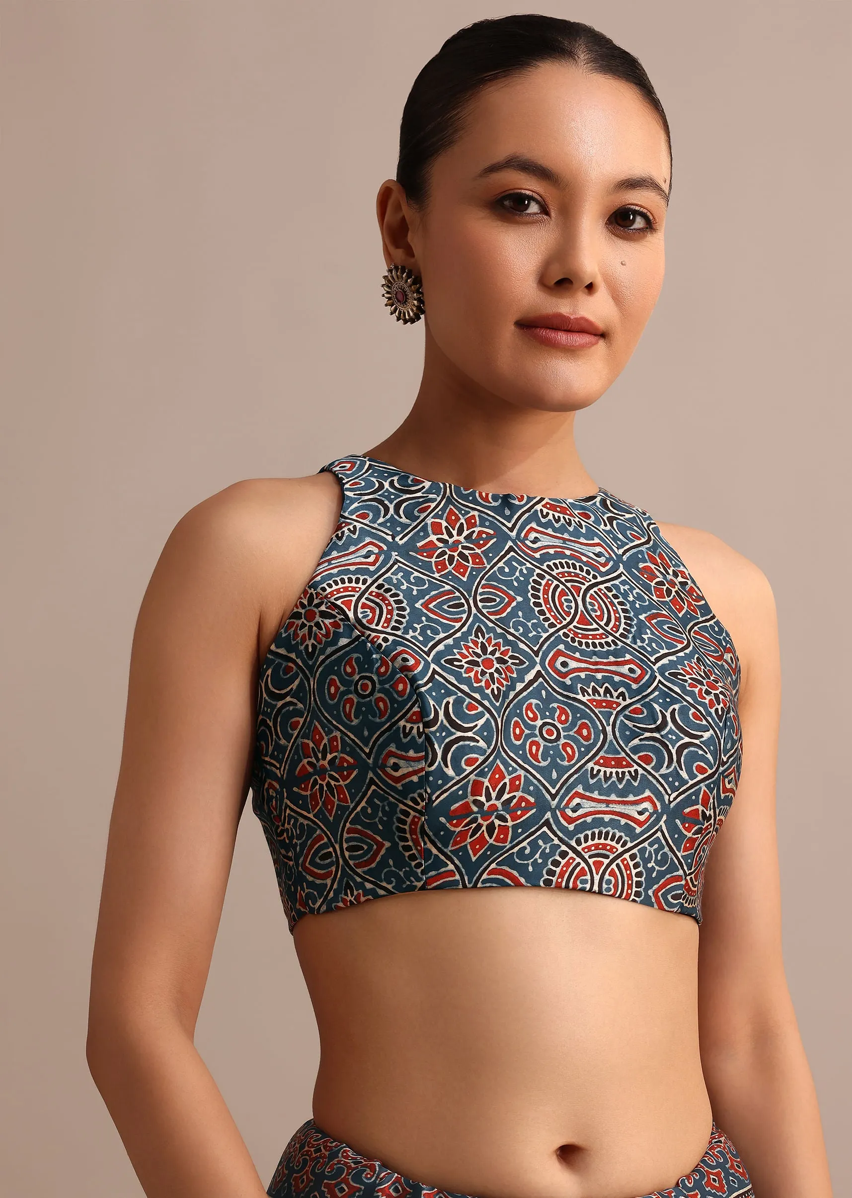 Indigo Satin Modal Saree With Handblock Prints