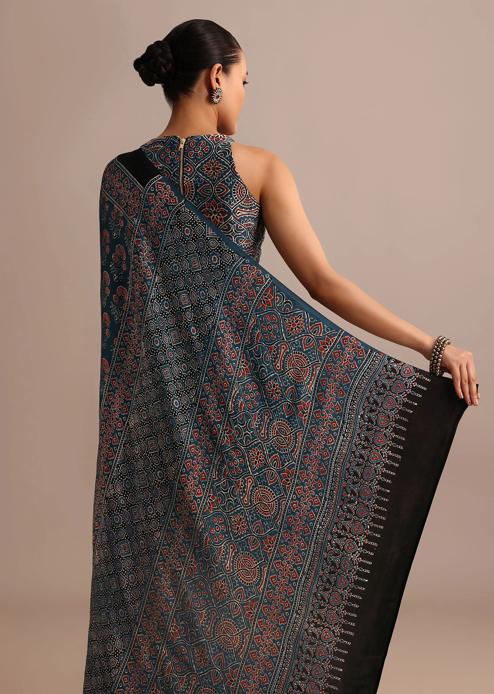 Indigo Satin Modal Saree With Handblock Prints