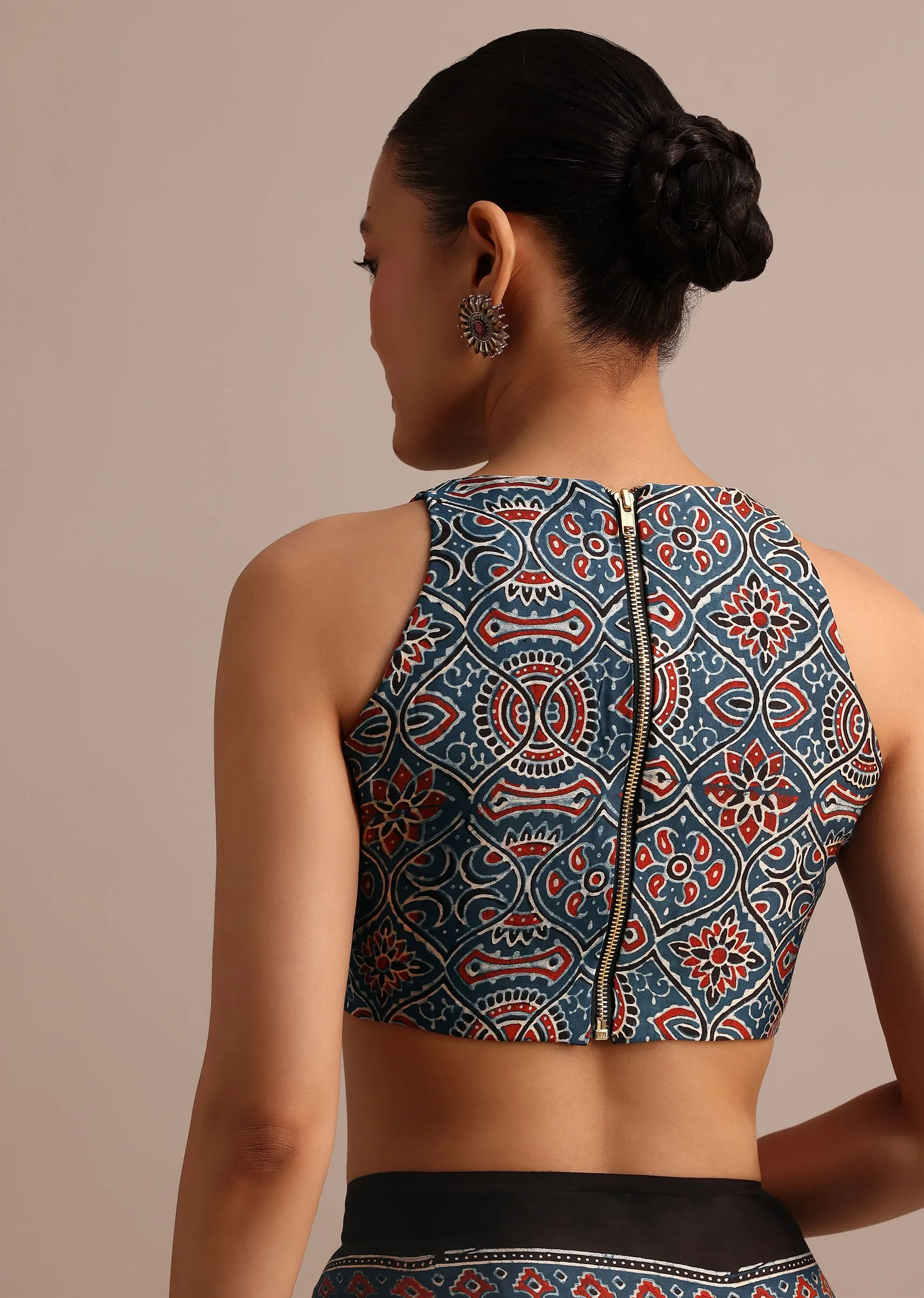 Indigo Satin Modal Saree With Handblock Prints