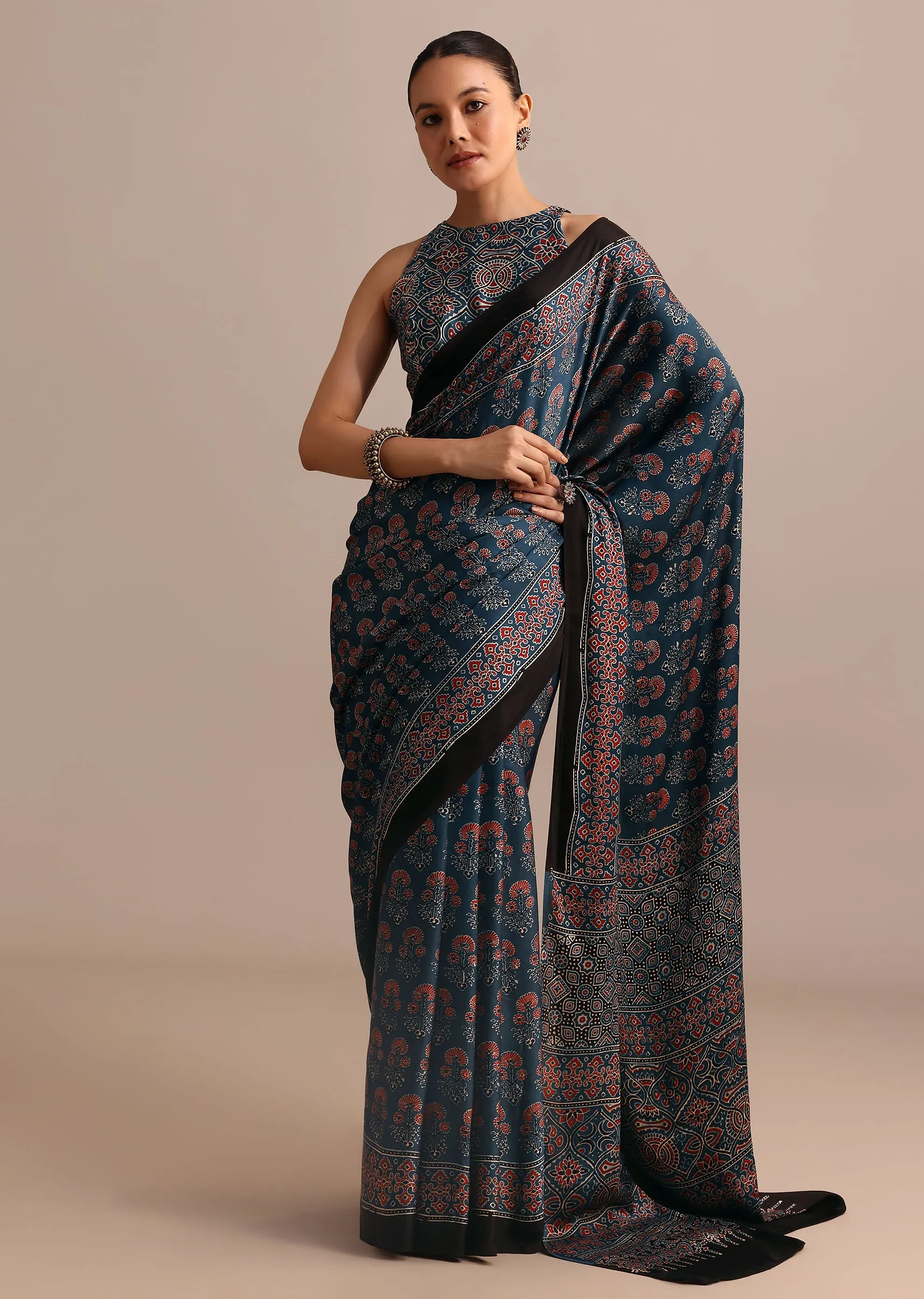 Indigo Satin Modal Saree With Handblock Prints