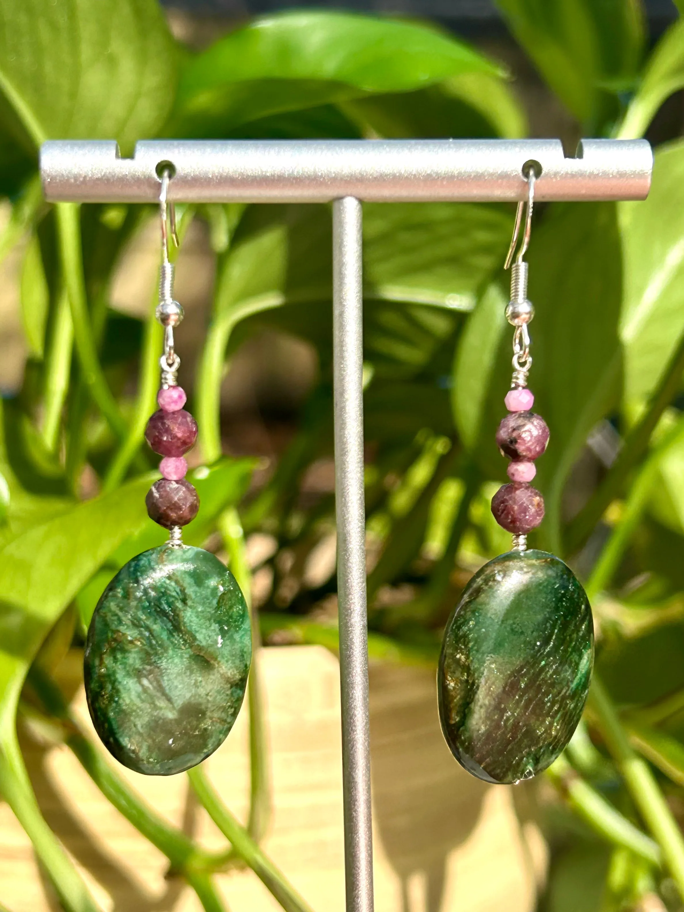 Maw-Sit-Sit & Ruby Gemstone Sterling Silver Dangly Earrings