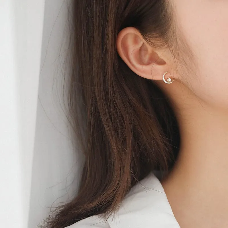 Moon & Sun 925 Sterling Silver Stud Earrings