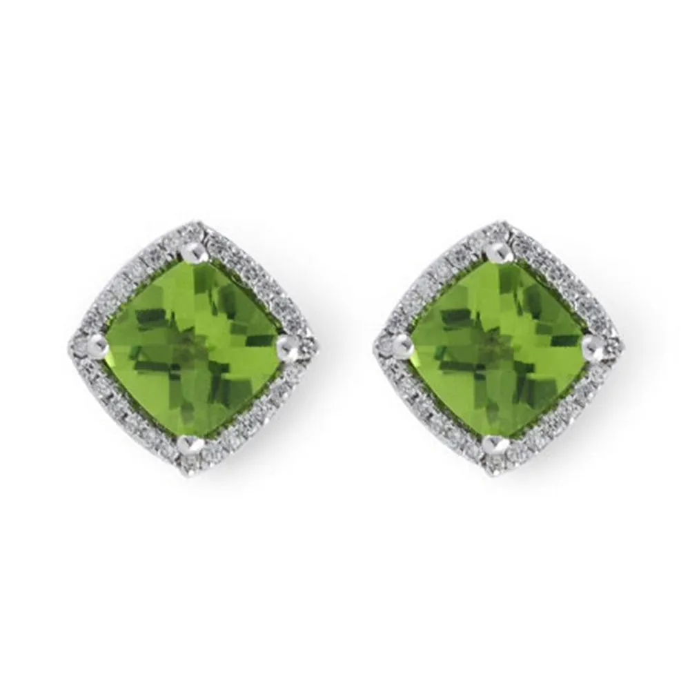 Peridot and Diamond Cushion Stud Earrings