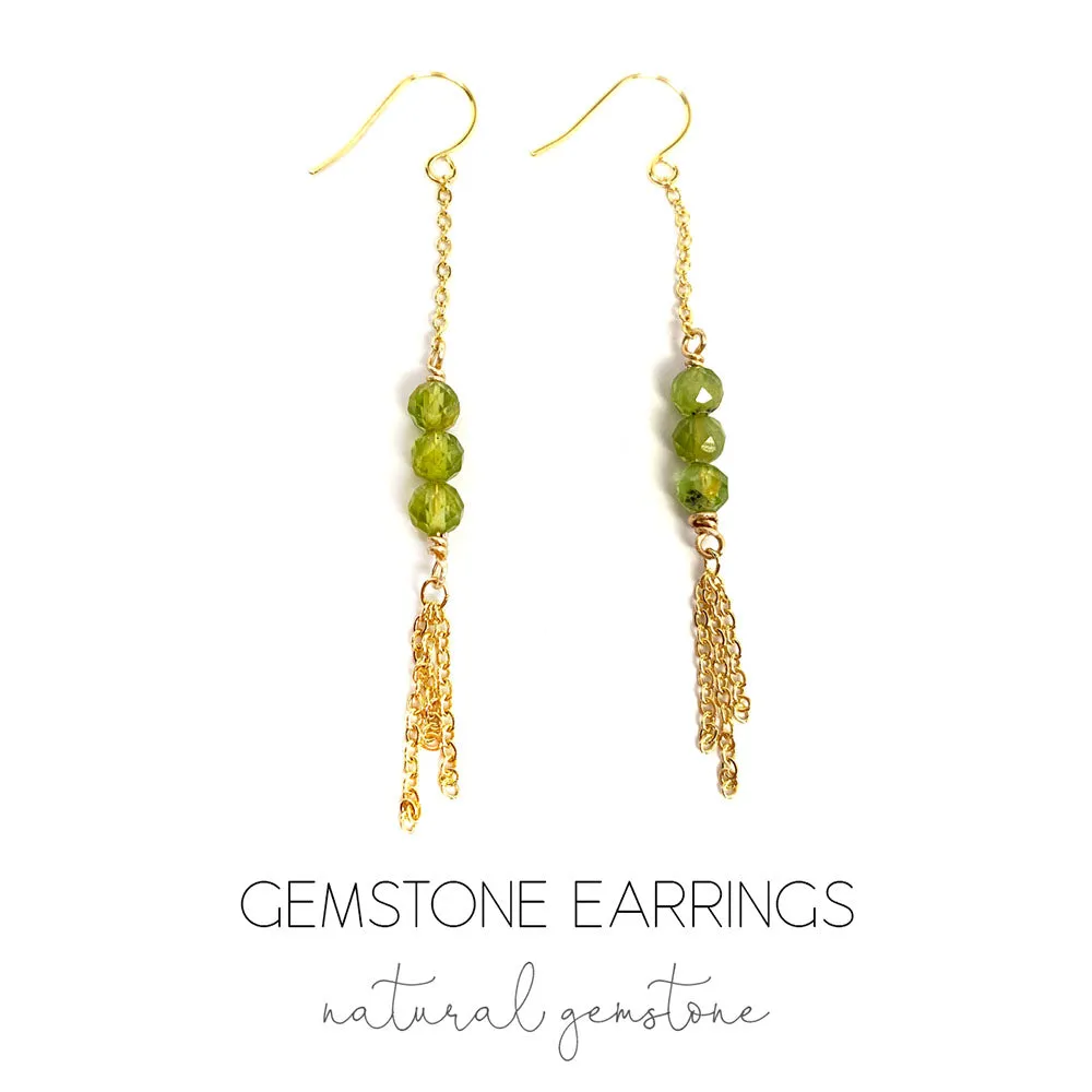 Peridot Genuine Natural Gemstone with Chain Fringe Earrings in colors of Gold Silver or Rose Gold Chain Boho Handmade Jewelry Birthstone