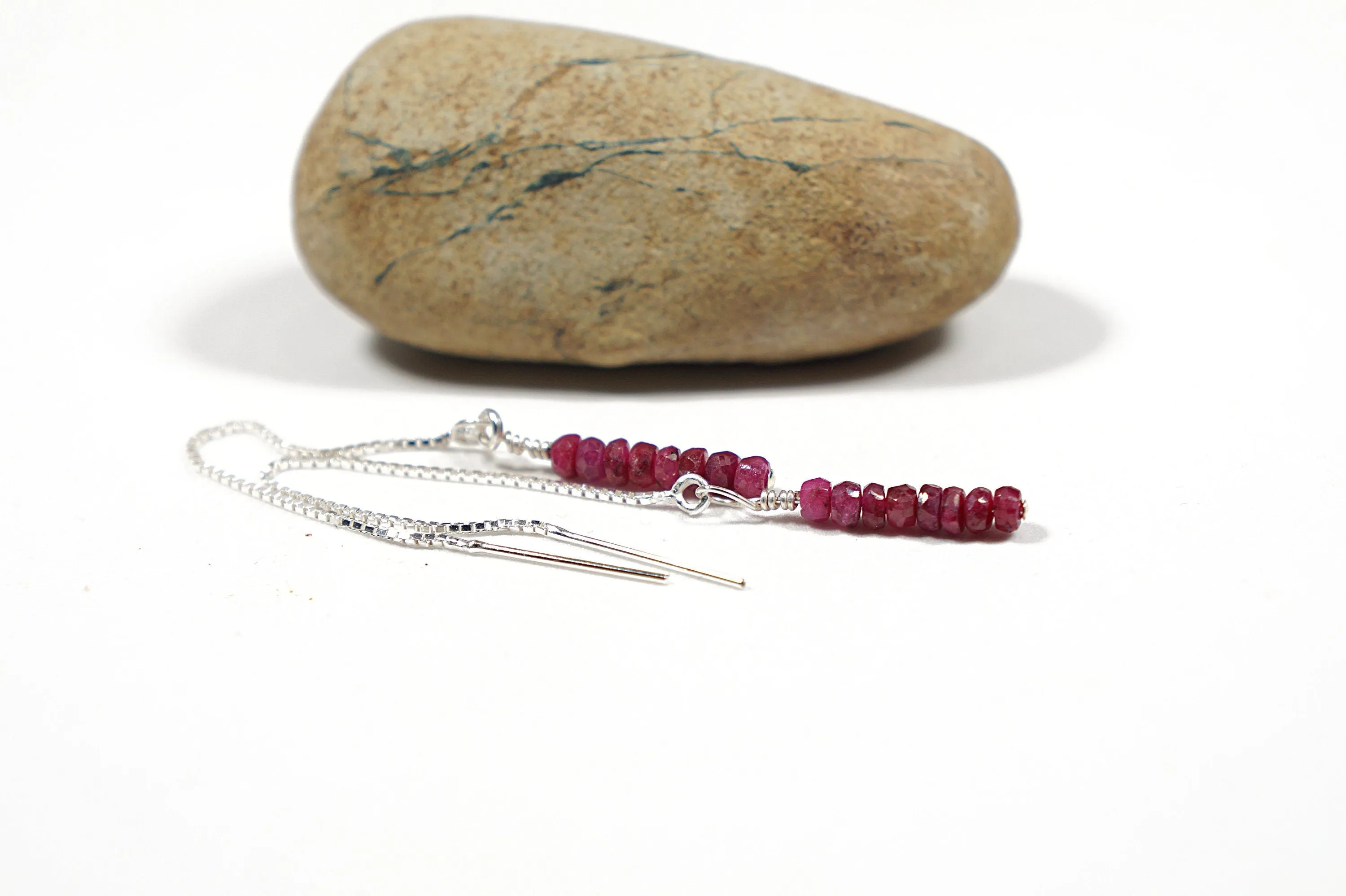 Raw ruby threader earrings. Gemstone dangle earrings. Ruby jewelry. Gift for her. Long chain threader earrings