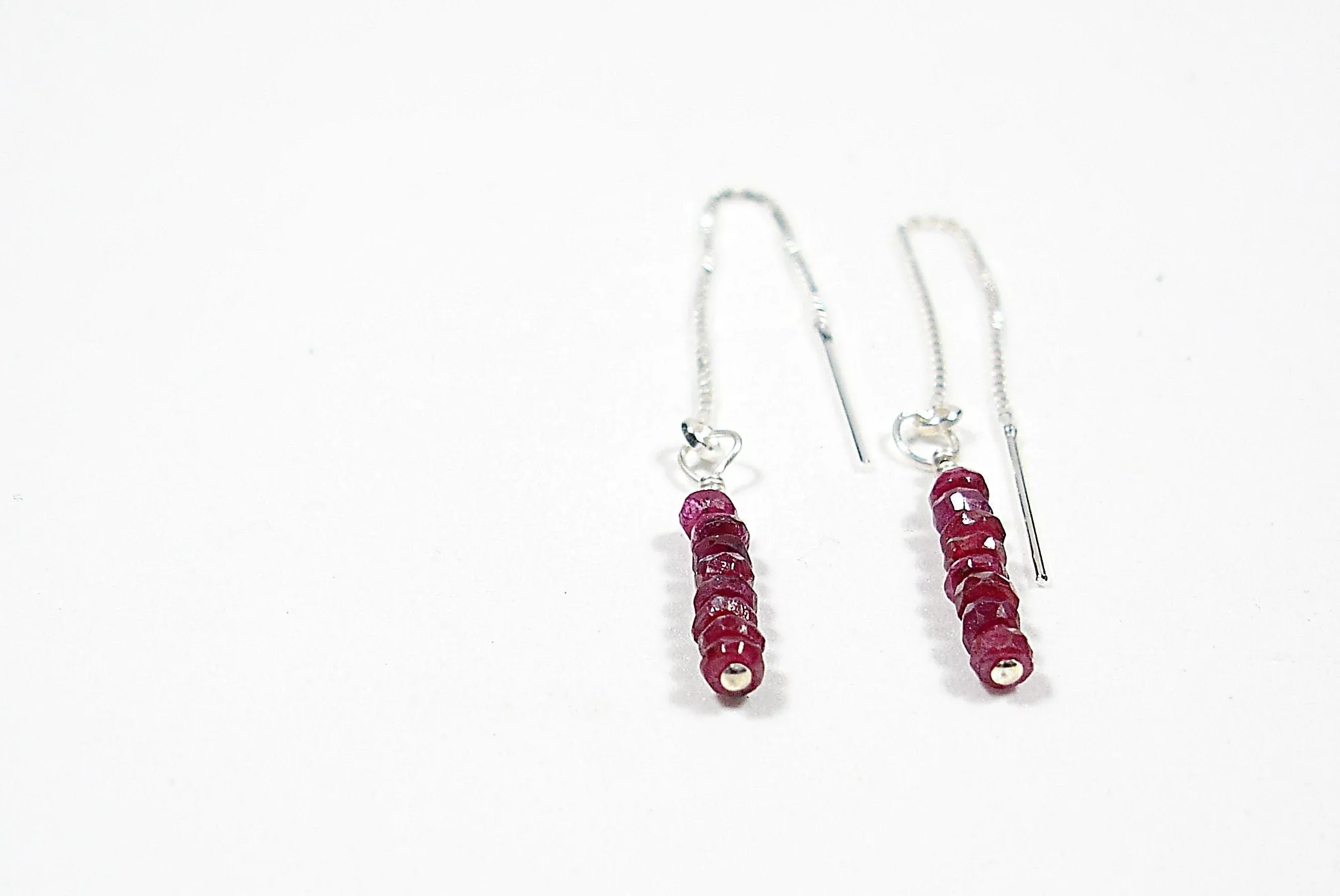 Raw ruby threader earrings. Gemstone dangle earrings. Ruby jewelry. Gift for her. Long chain threader earrings