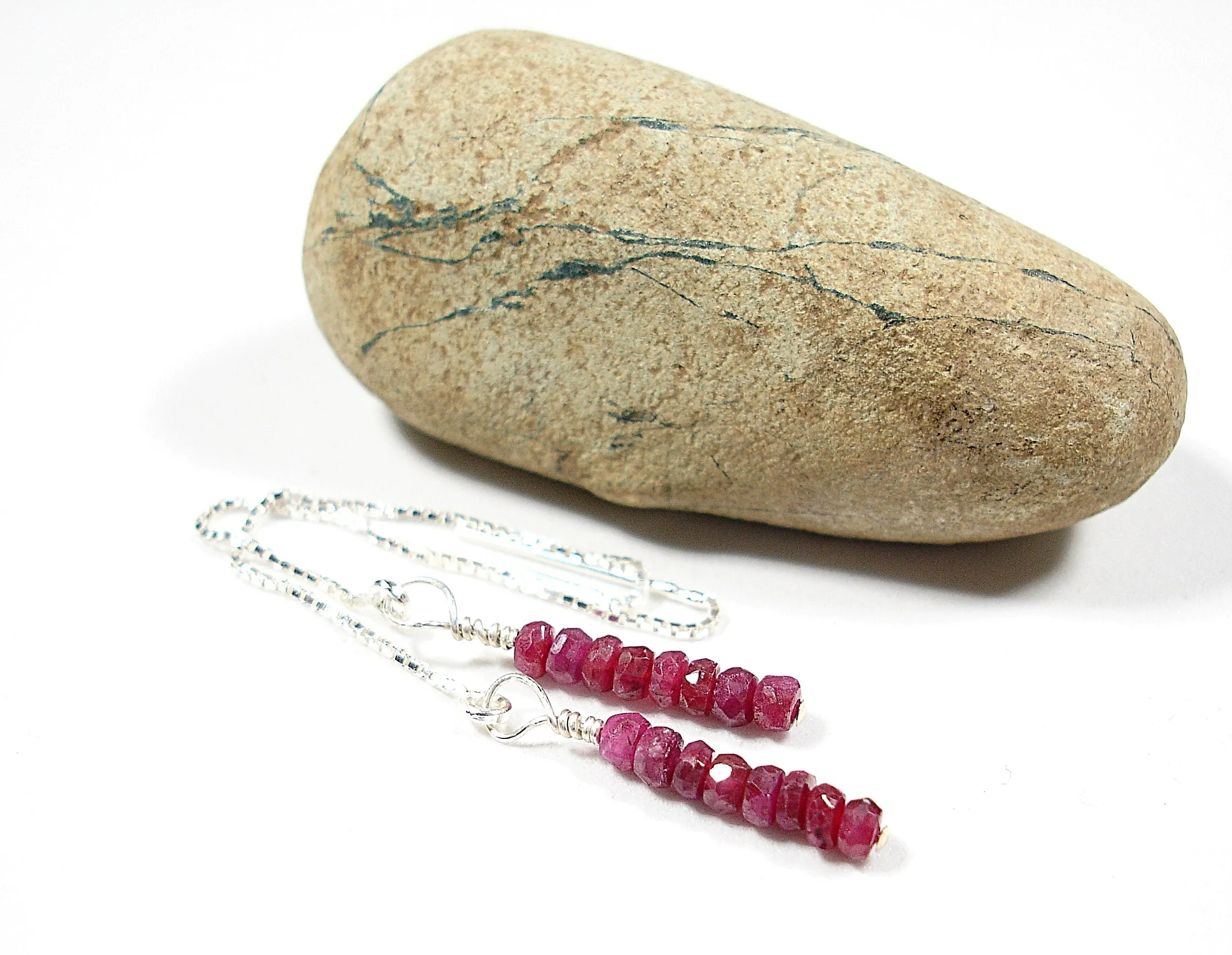 Raw ruby threader earrings. Gemstone dangle earrings. Ruby jewelry. Gift for her. Long chain threader earrings