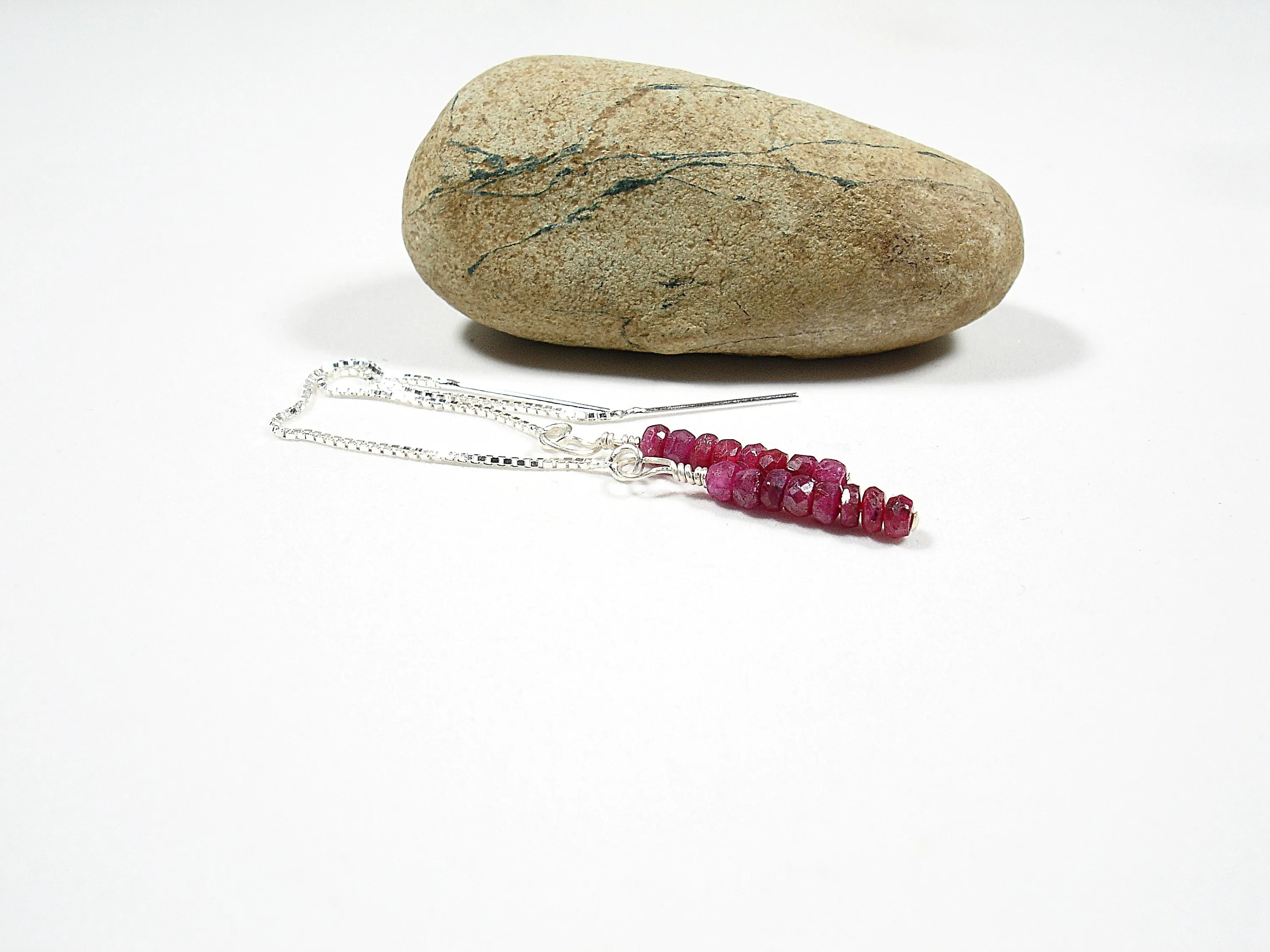 Raw ruby threader earrings. Gemstone dangle earrings. Ruby jewelry. Gift for her. Long chain threader earrings
