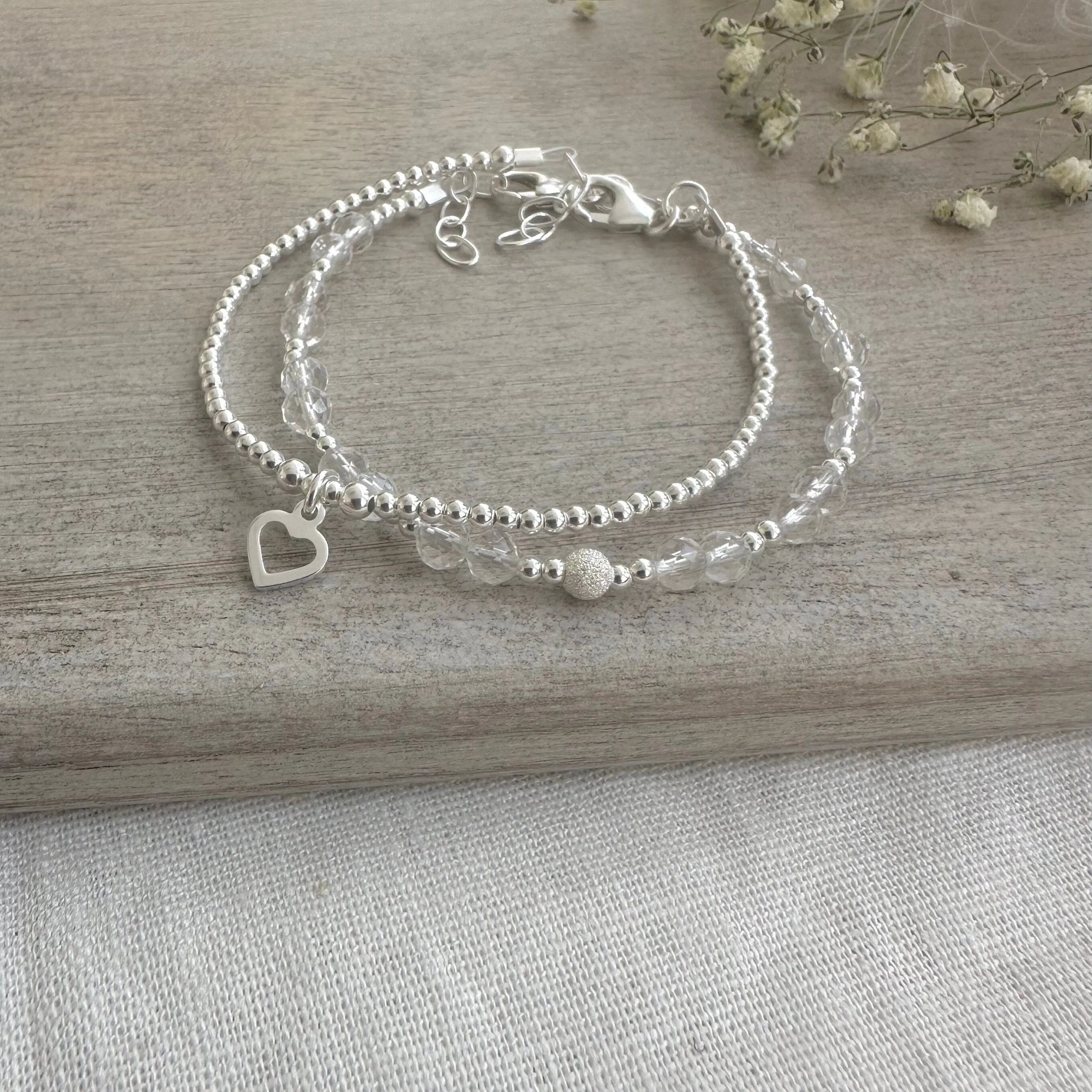 Rock Quartz Bracelet Set made with April Birthstone and Sterling Silver, April Birthday Gift for Women