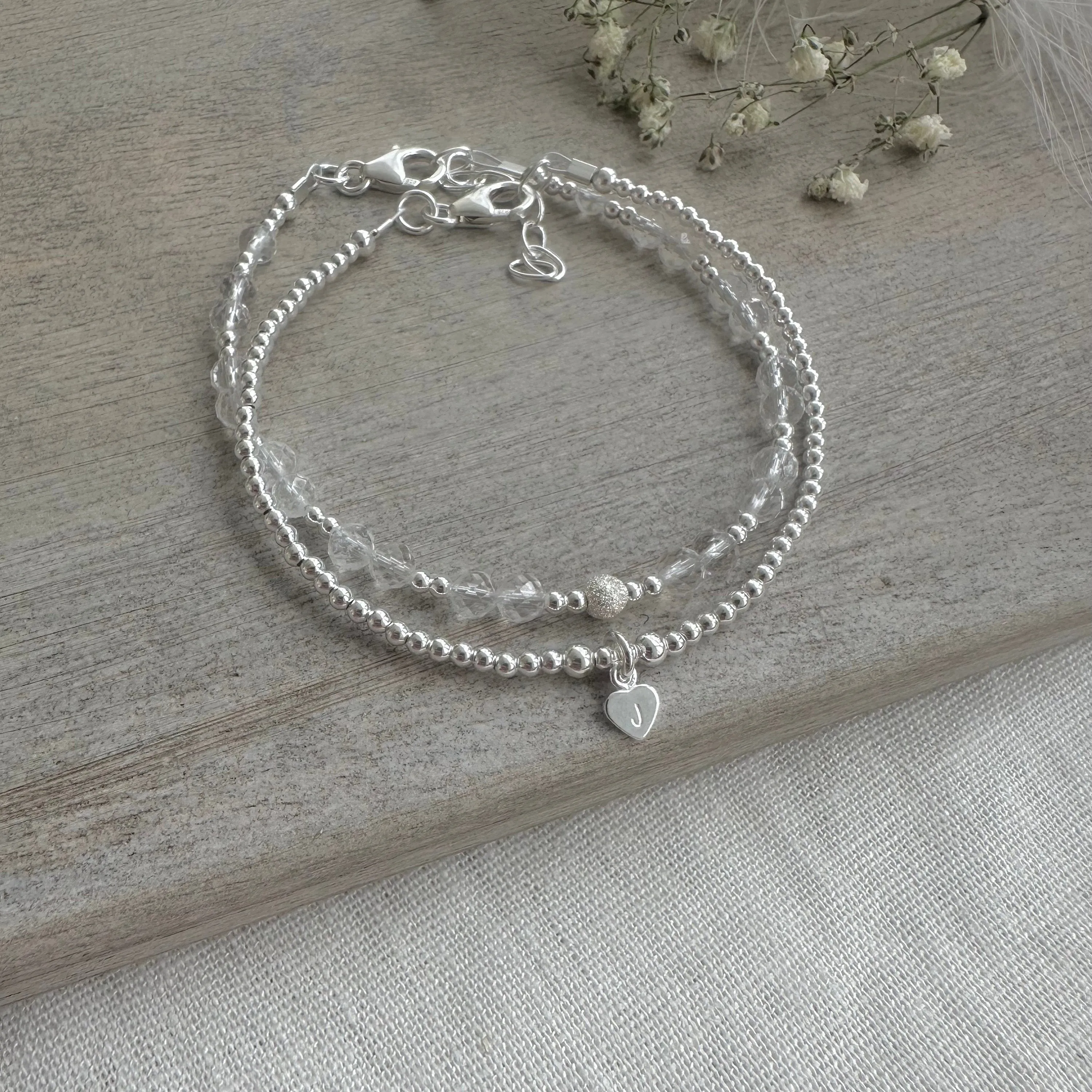 Set of 2 April Birthstone Rock Quartz Bracelets, Stacking Bracelets for April Birthday