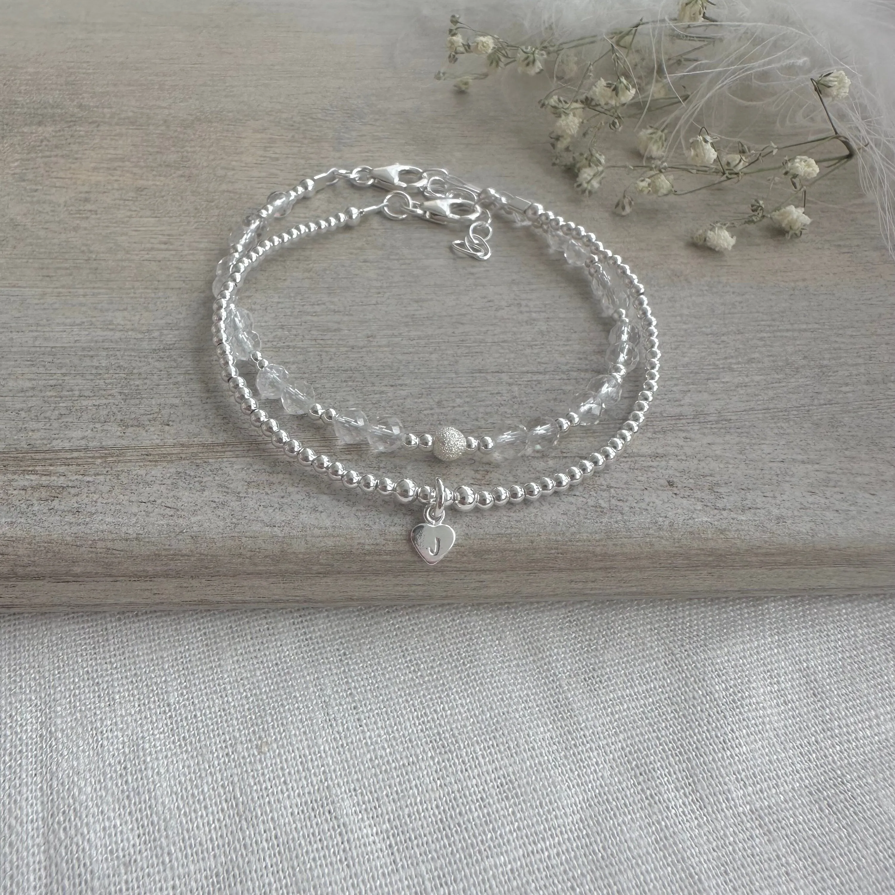 Set of 2 April Birthstone Rock Quartz Bracelets, Stacking Bracelets for April Birthday