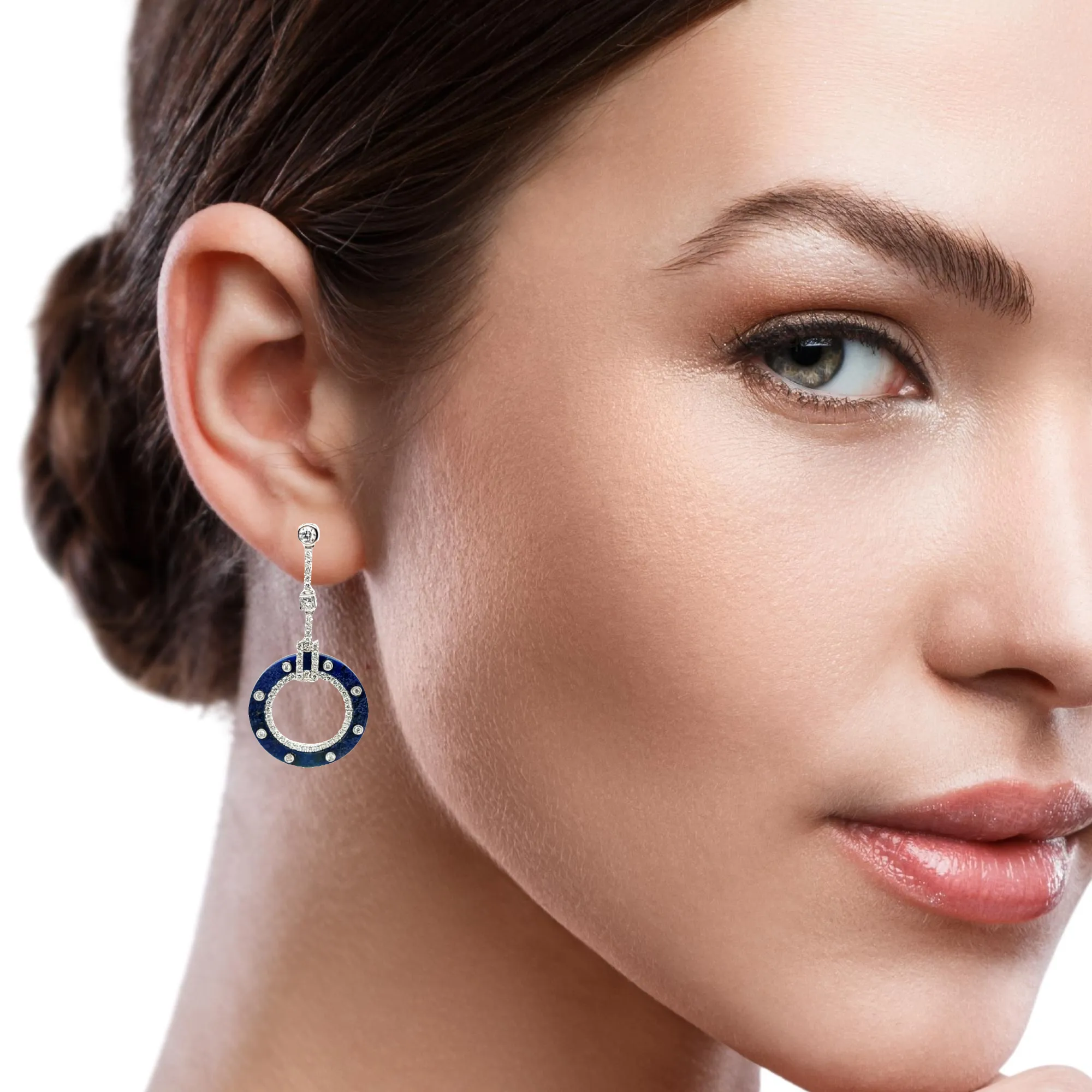 Sodalite and Diamond White Gold Art Deco Style Dangle Earrings