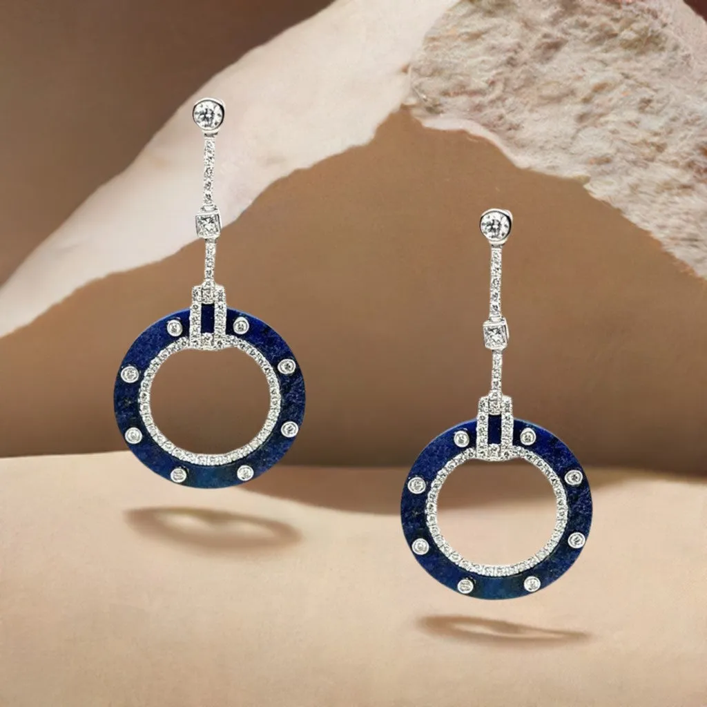 Sodalite and Diamond White Gold Art Deco Style Dangle Earrings
