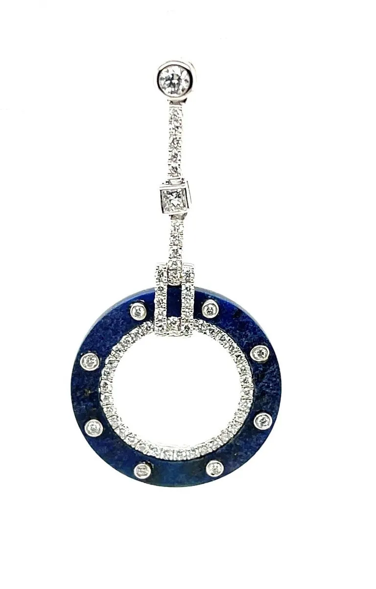 Sodalite and Diamond White Gold Art Deco Style Dangle Earrings