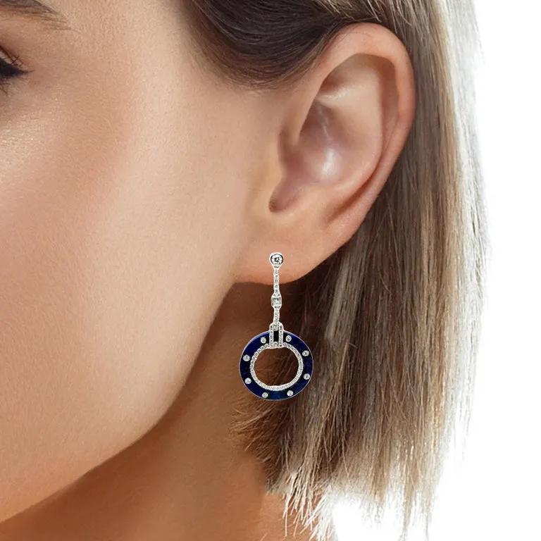 Sodalite and Diamond White Gold Art Deco Style Dangle Earrings