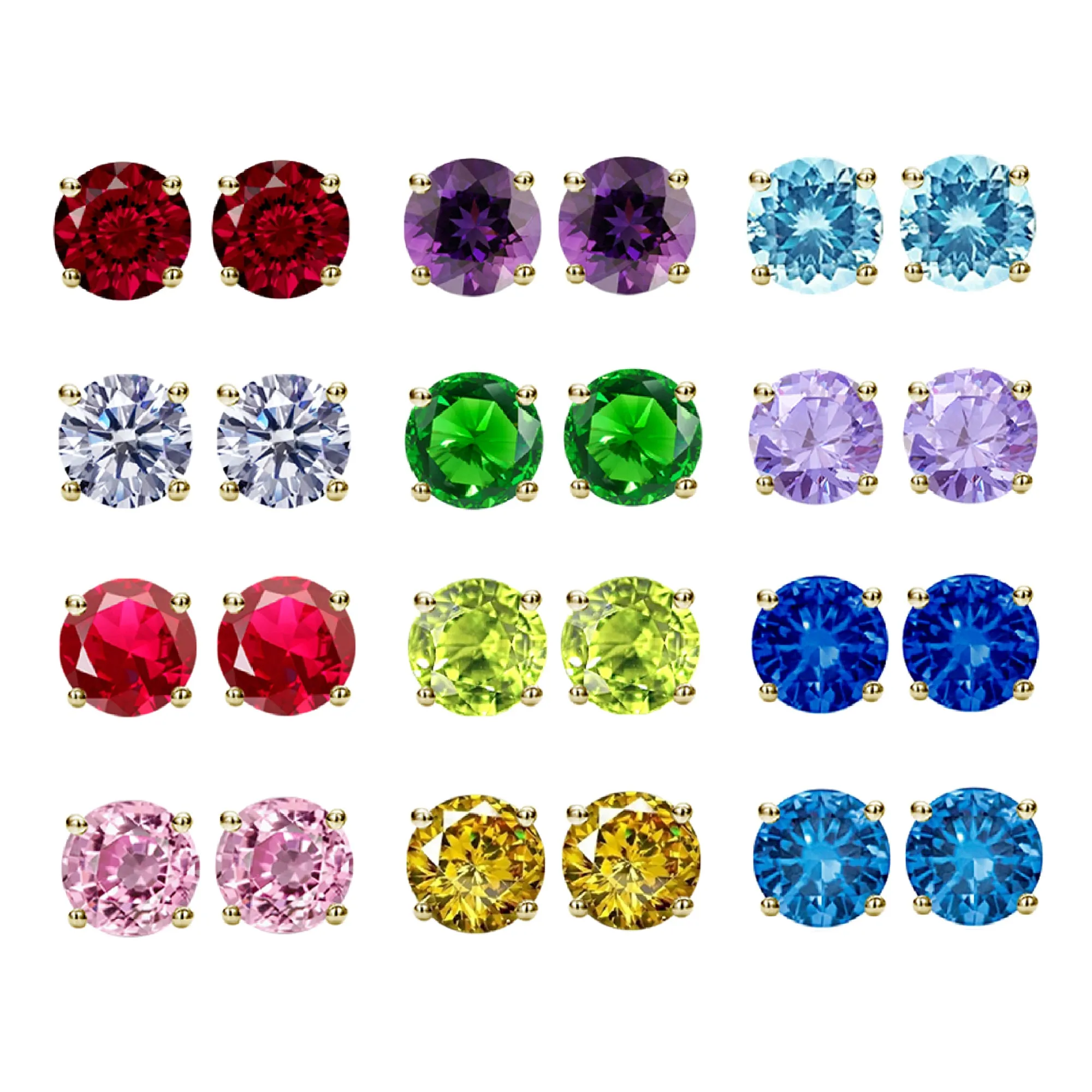 Solid 14K Gold Round Birthstone Stud Cartilage Earrings, 3mm to 6mm