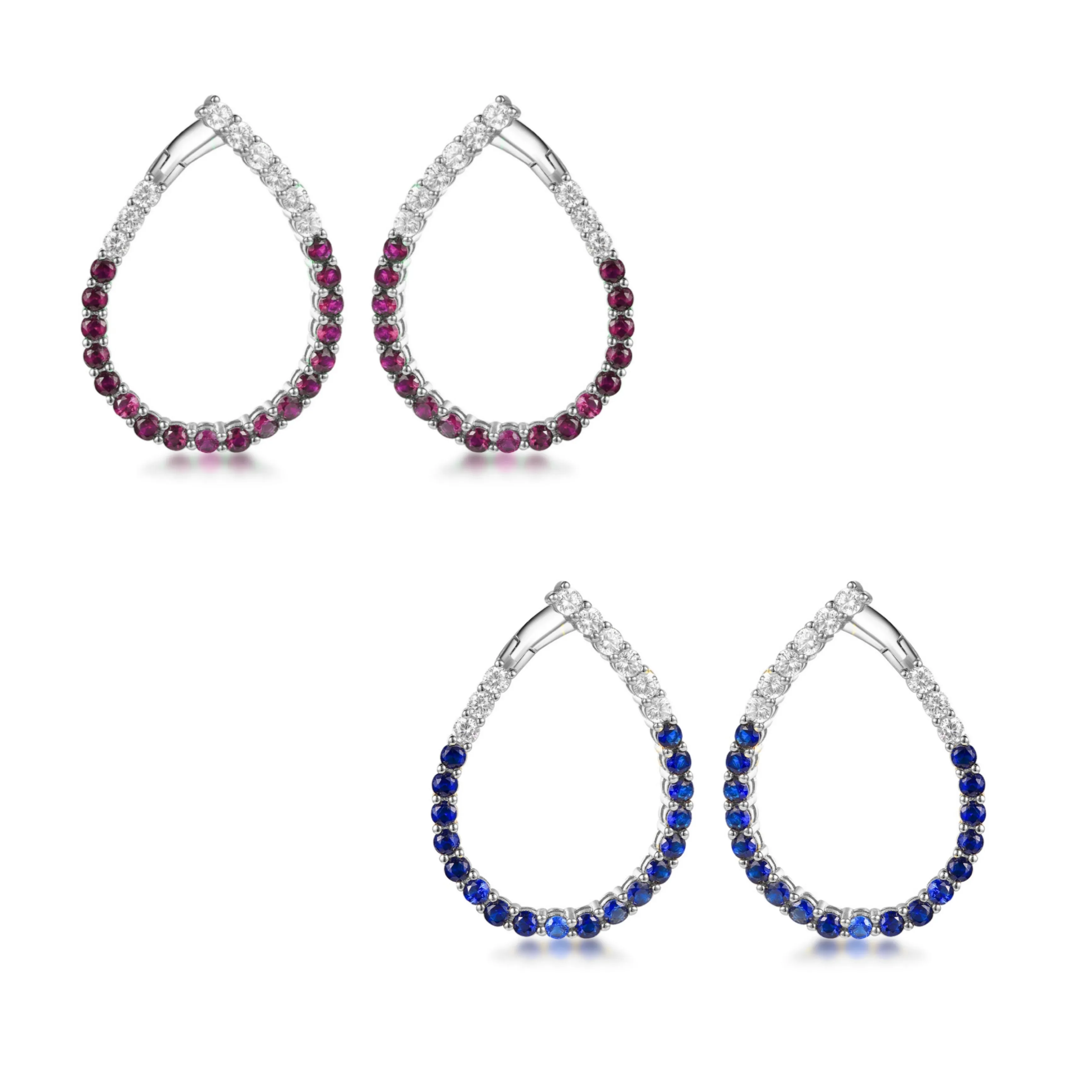 Sterling Silver Clear and Sapphire or Ruby CZ Front Back Teardrop Earrings