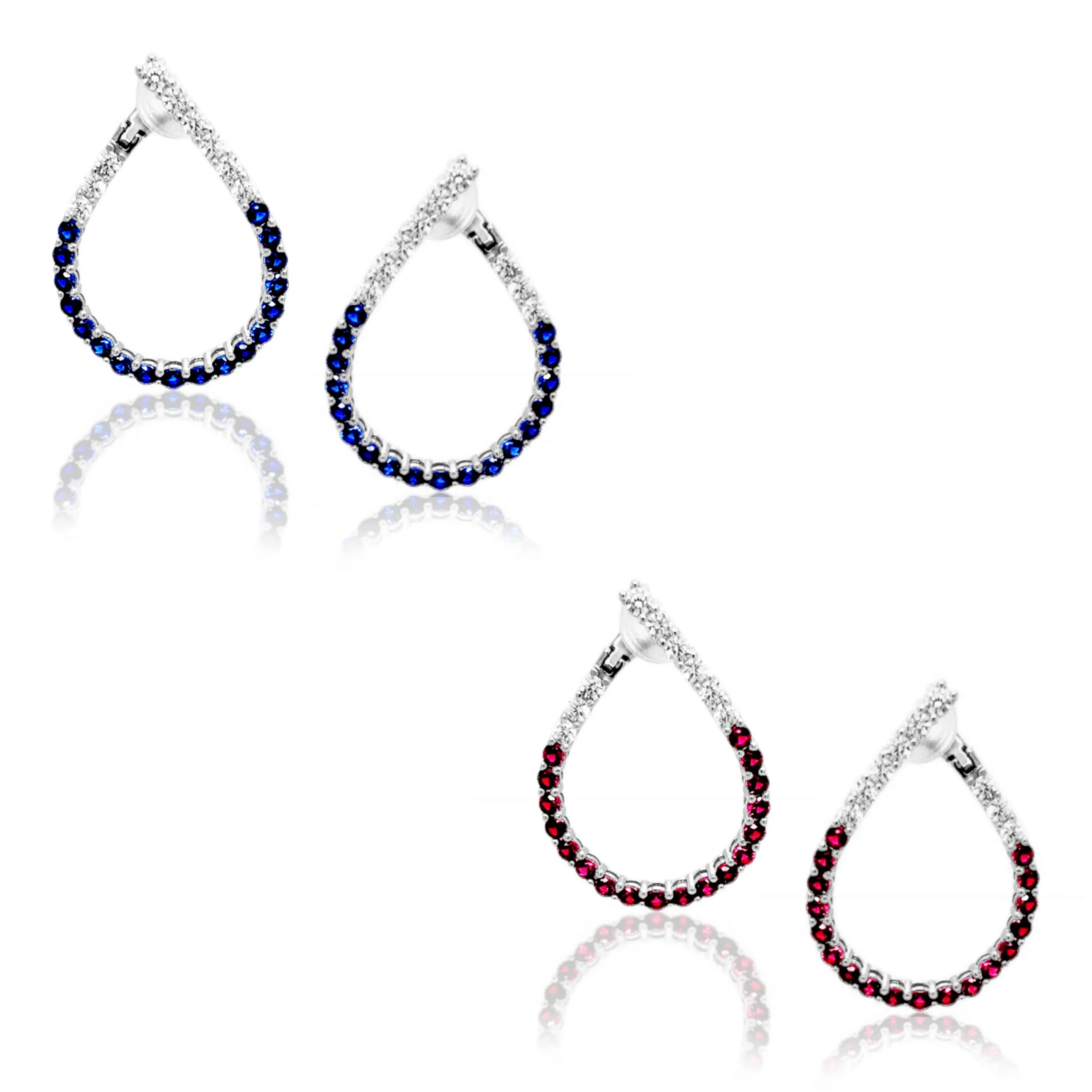 Sterling Silver Clear and Sapphire or Ruby CZ Front Back Teardrop Earrings