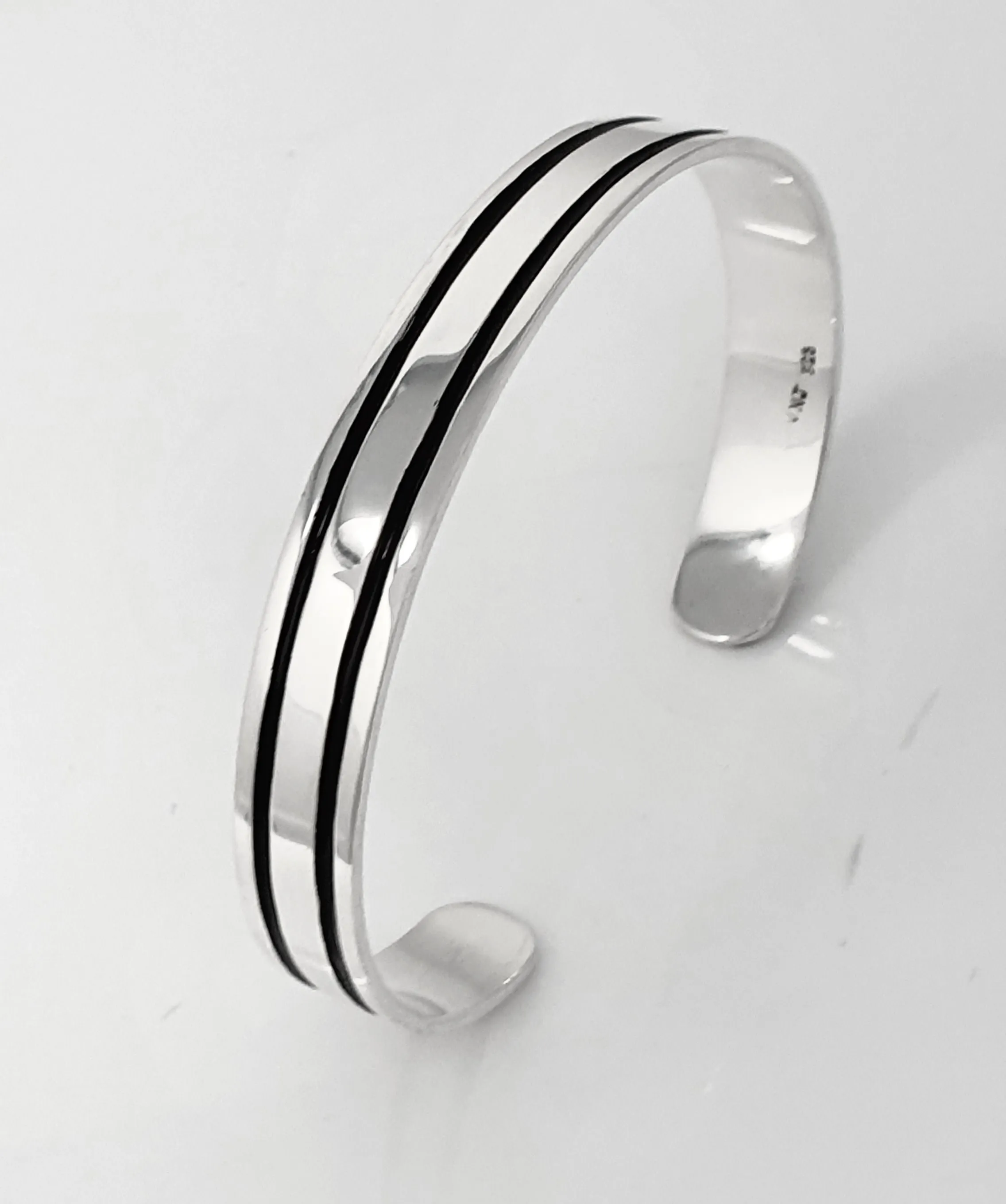 Sterling Silver Double Lines Cuff Bangle for Men