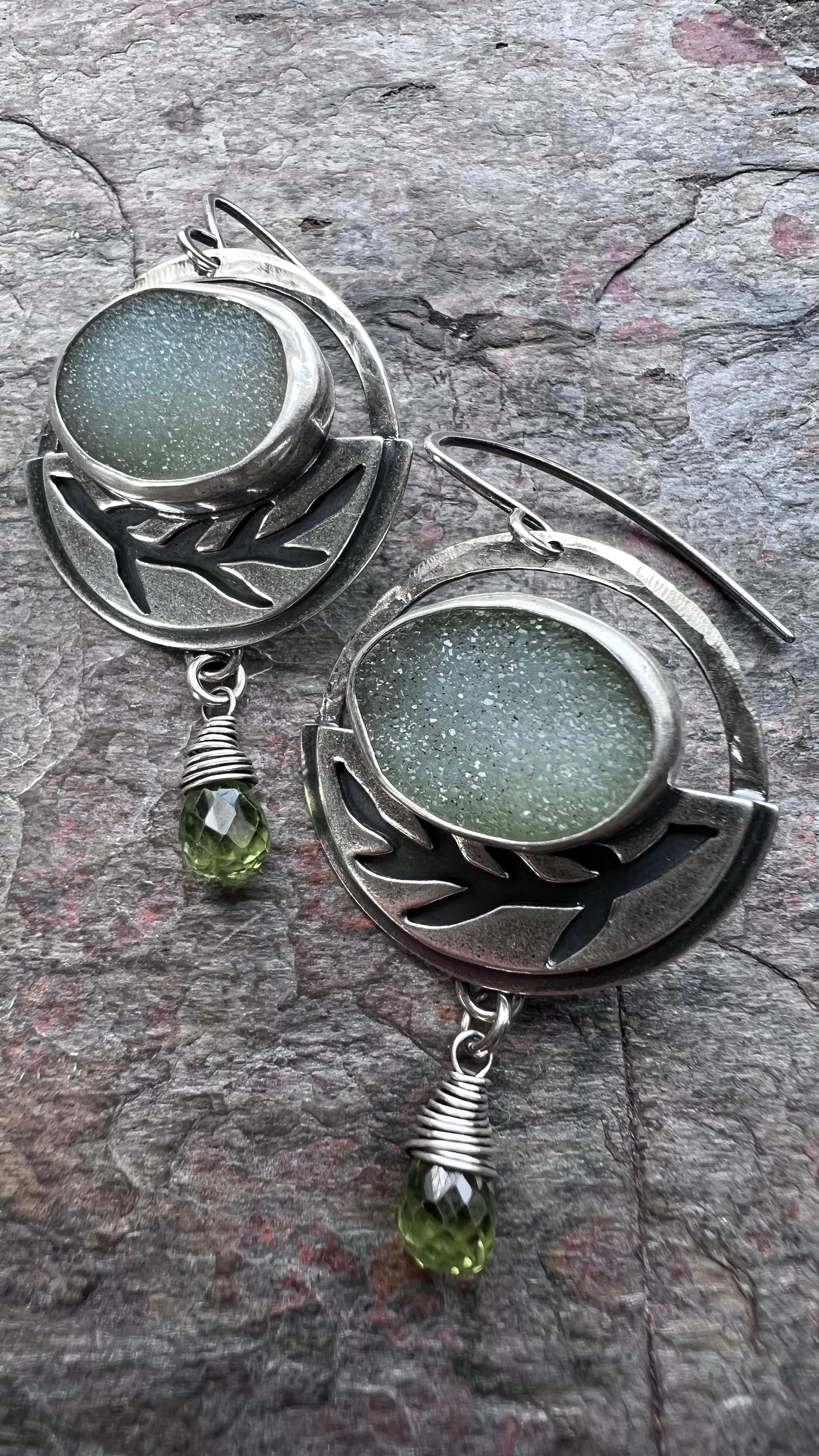 Sterling Silver Druzy and Peridot Earrings - Handmade One-of-a-kind Earrings